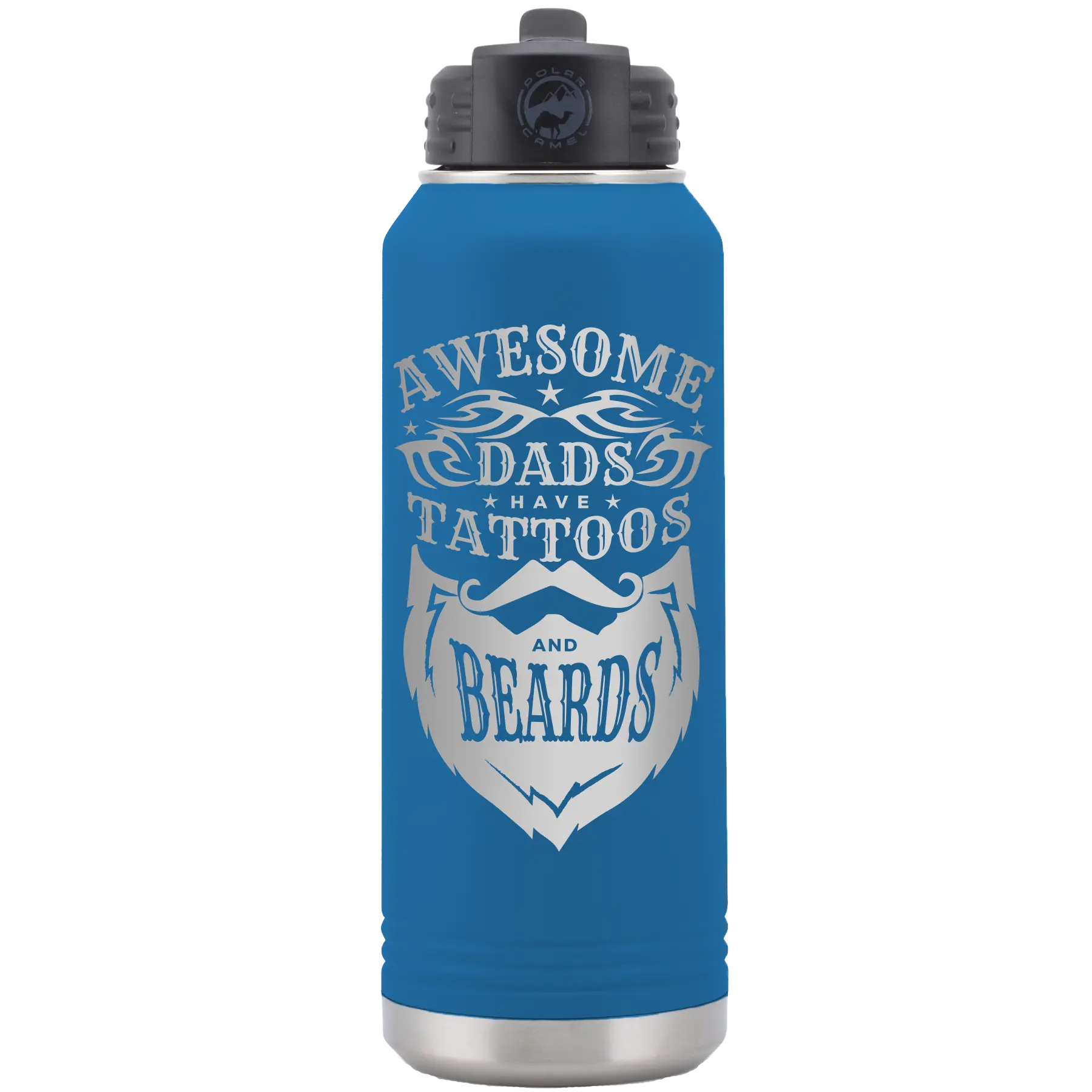 Laser etched royal blue 32 oz vacuum insulated water bottle with 'Awesome Dads have Tattoos and Beards' design