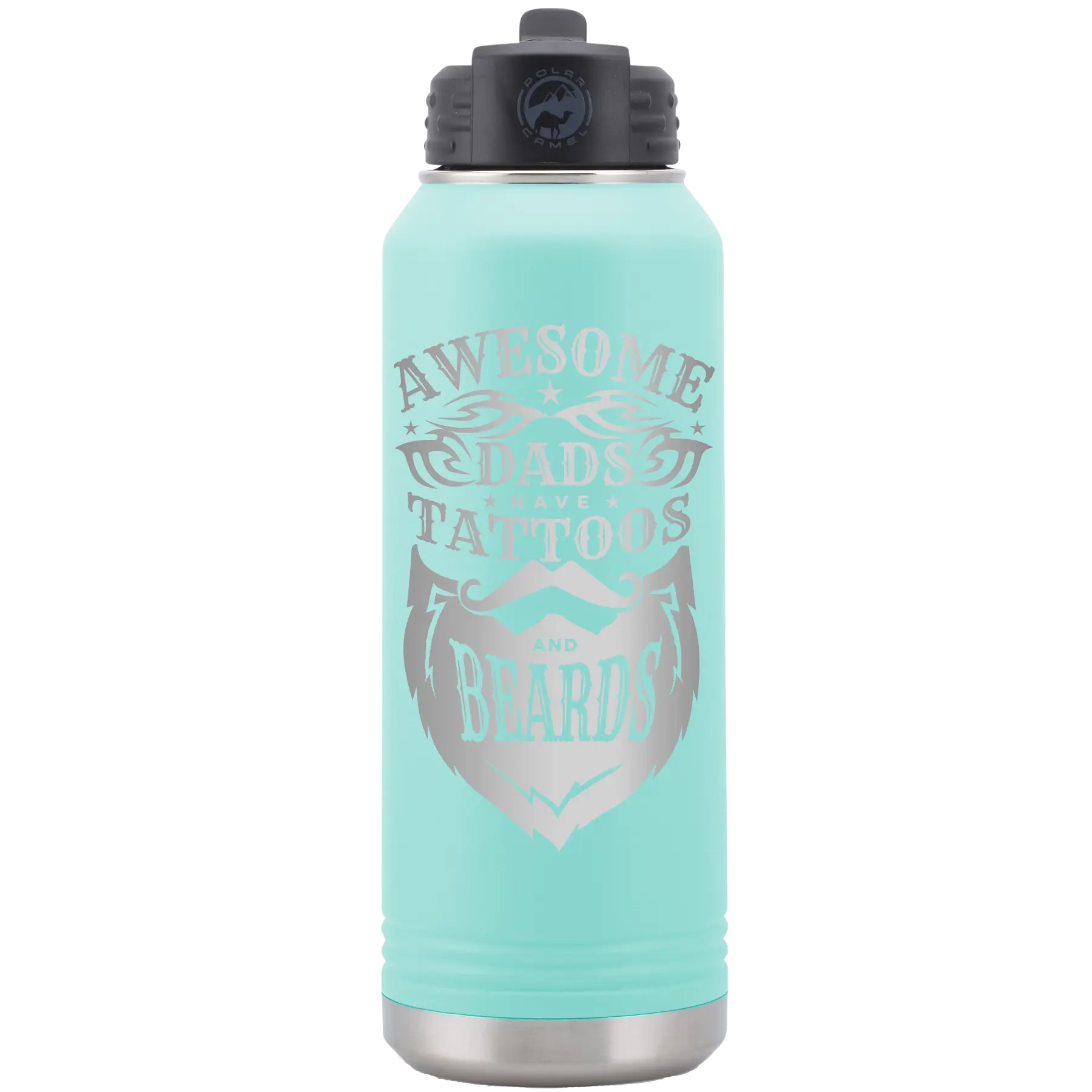 Laser etched teal 32 oz vacuum insulated water bottle with 'Awesome Dads have Tattoos and Beards' design