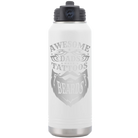 Laser etched white 32 oz vacuum insulated water bottle with 'Awesome Dads have Tattoos and Beards' design
