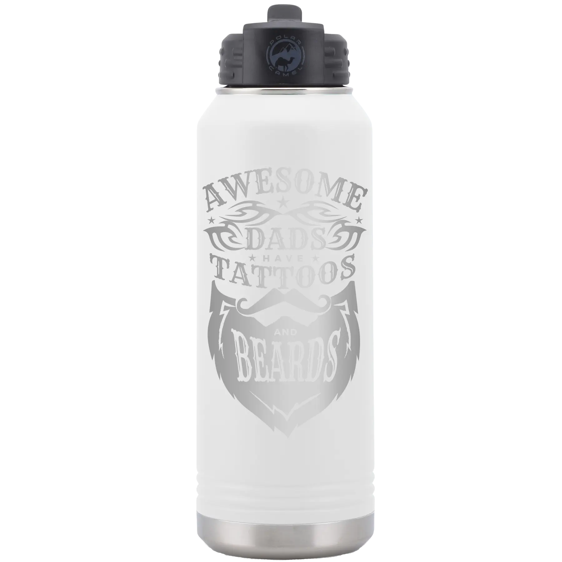 Laser etched white 32 oz vacuum insulated water bottle with 'Awesome Dads have Tattoos and Beards' design