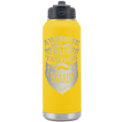 Laser etched yellow 32 oz vacuum insulated water bottle with 'Awesome Dads have Tattoos and Beards' design