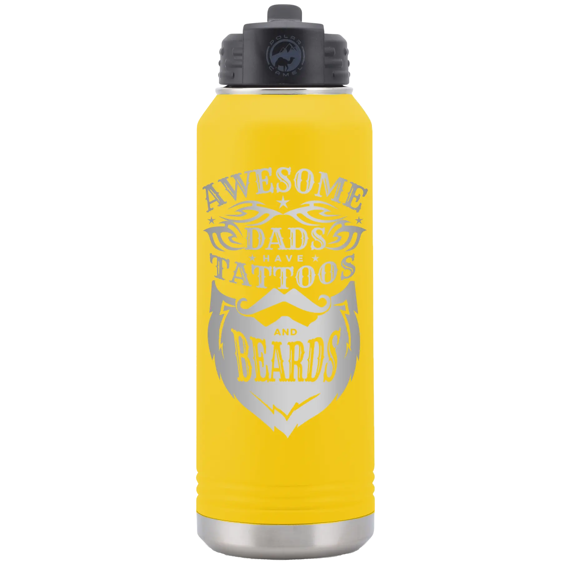 Laser etched yellow 32 oz vacuum insulated water bottle with 'Awesome Dads have Tattoos and Beards' design