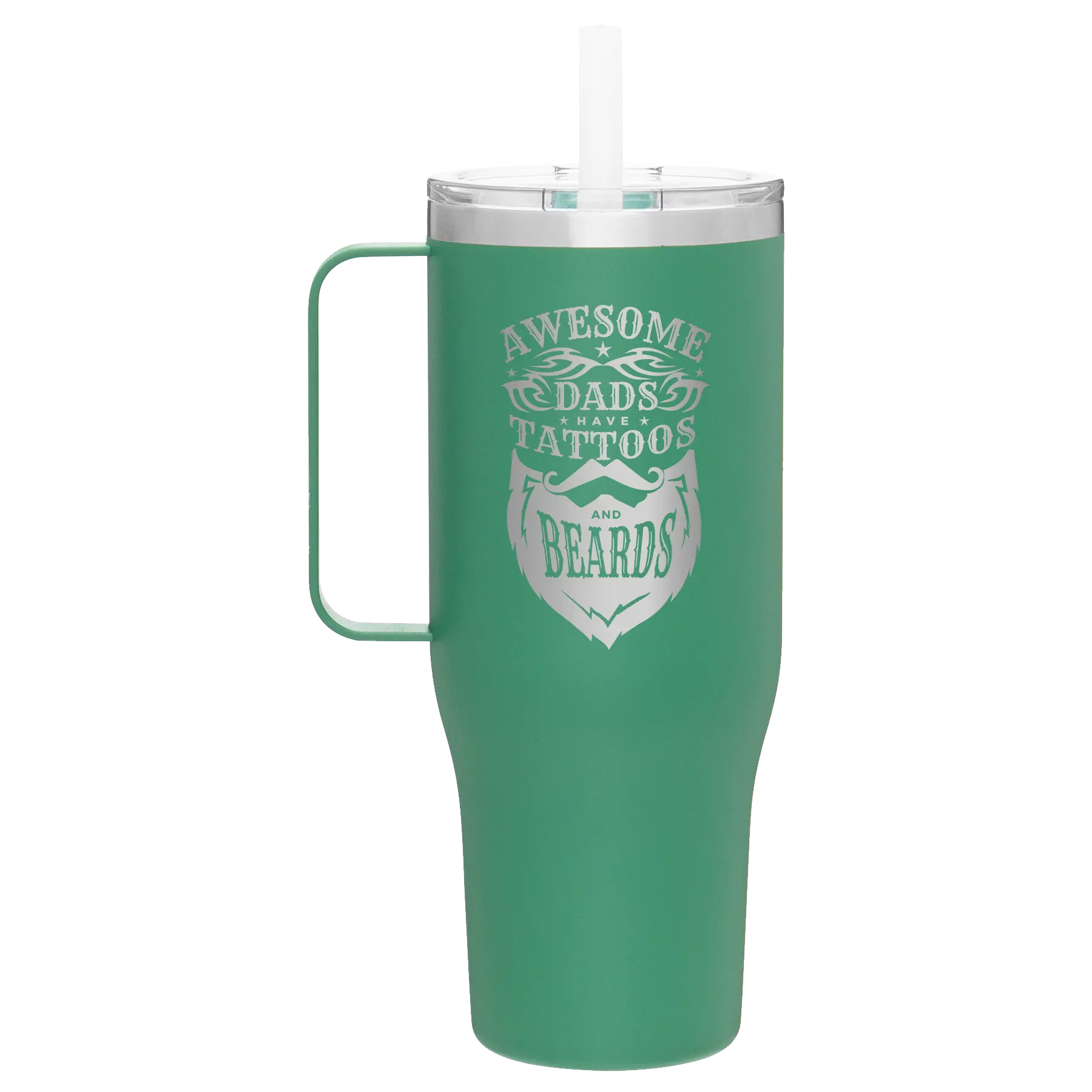 Laser etched forage 40 oz vacuum insulated tumbler mug with 'Awesome Dads have Tattoos and Beards' design