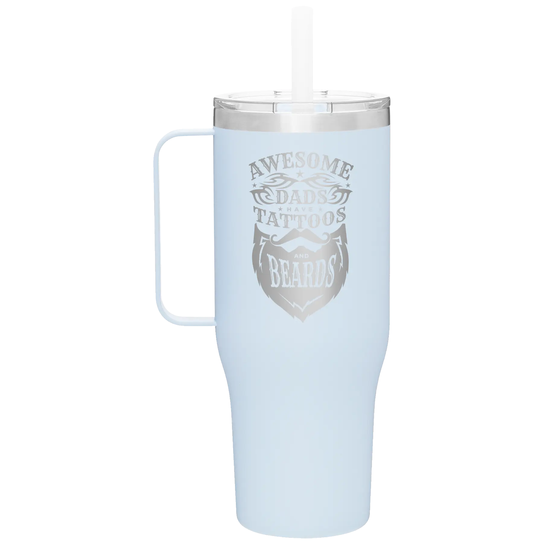 Laser etched landfall 40 oz vacuum insulated tumbler mug with 'Awesome Dads have Tattoos and Beards' design