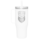 Laser etched white 40 oz vacuum insulated tumbler mug with 'Awesome Dads have Tattoos and Beards' design