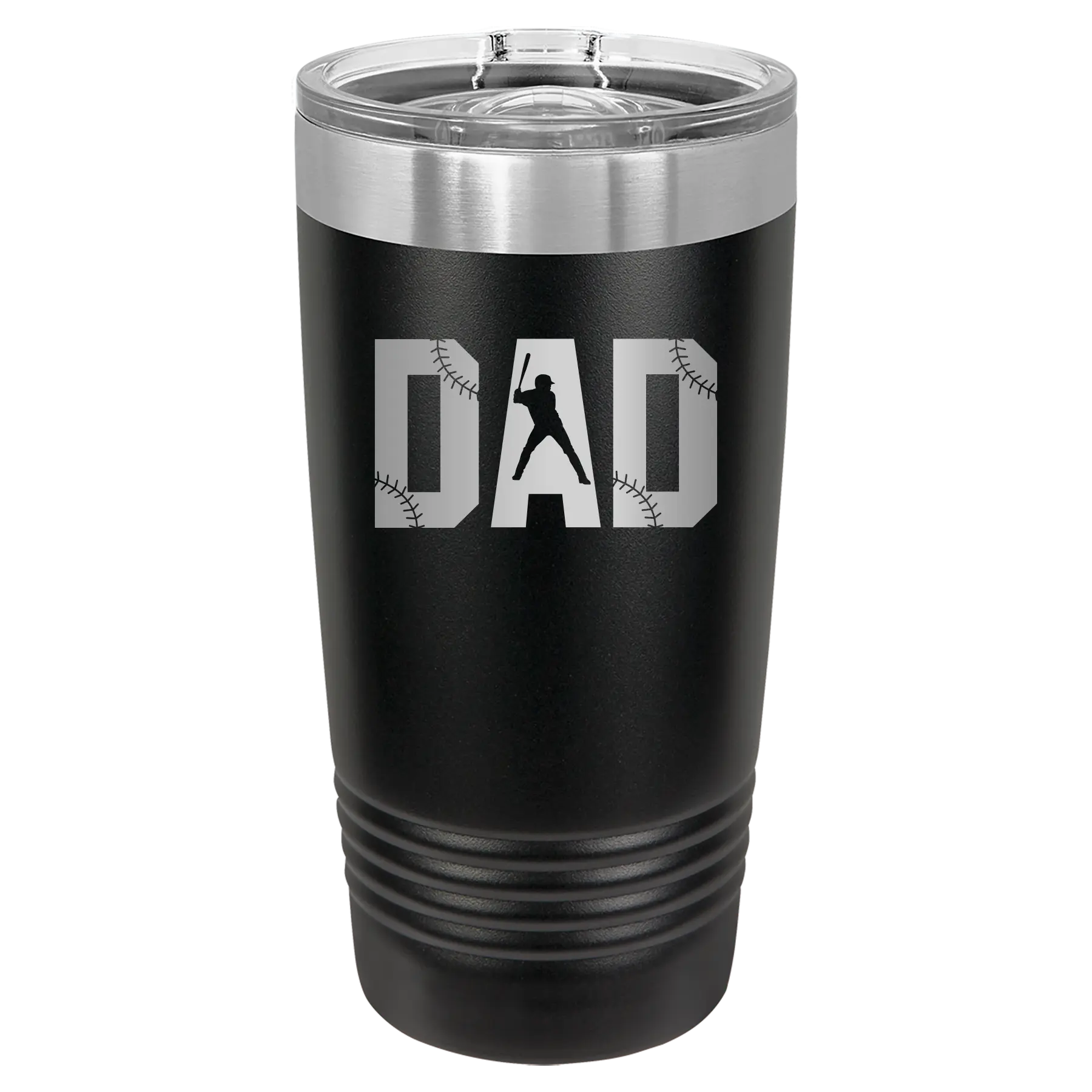 Laser etched black 20 oz vacuum insulated tumbler with 'Baseball Dad' design