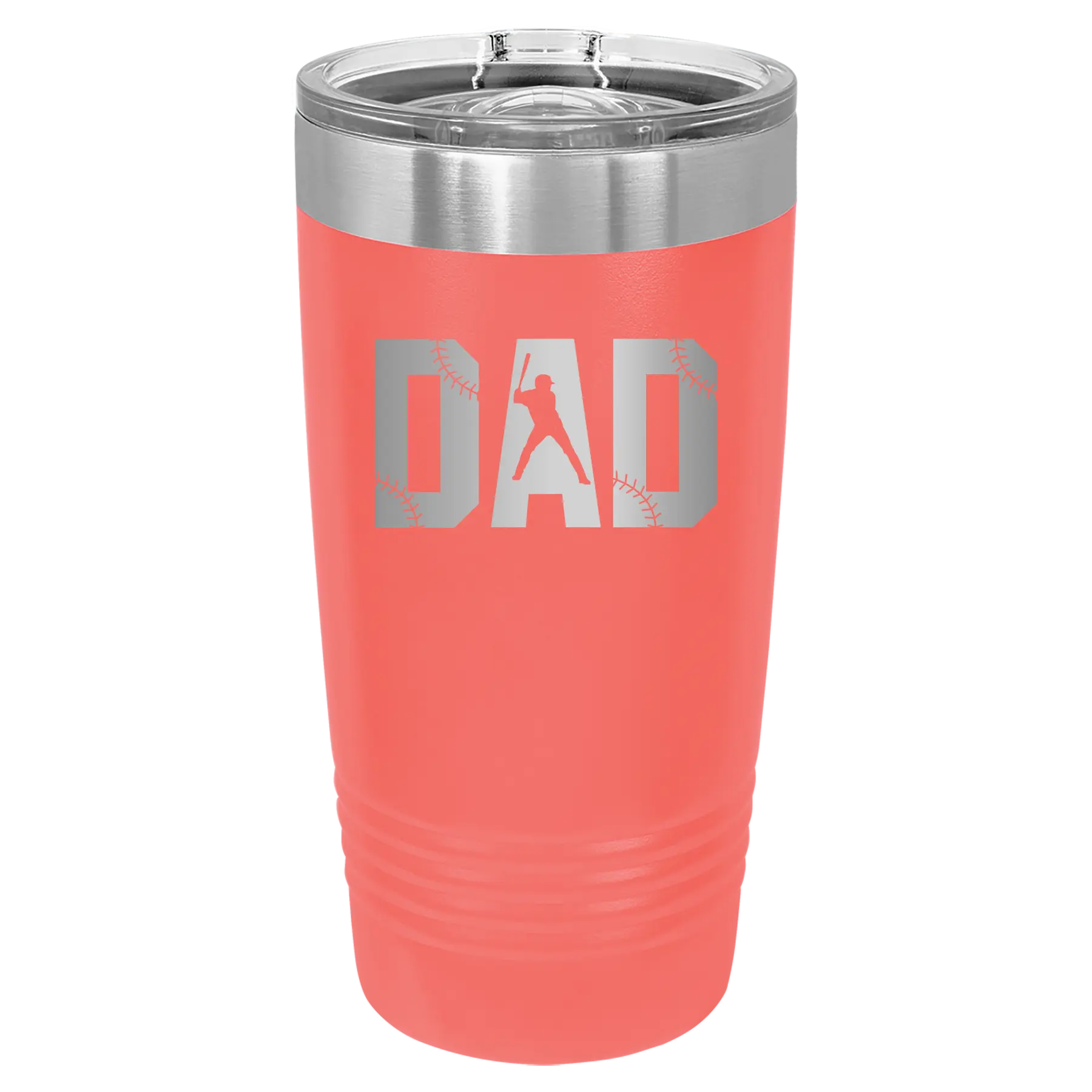 Laser etched coral 20 oz vacuum insulated tumbler with 'Baseball Dad' design