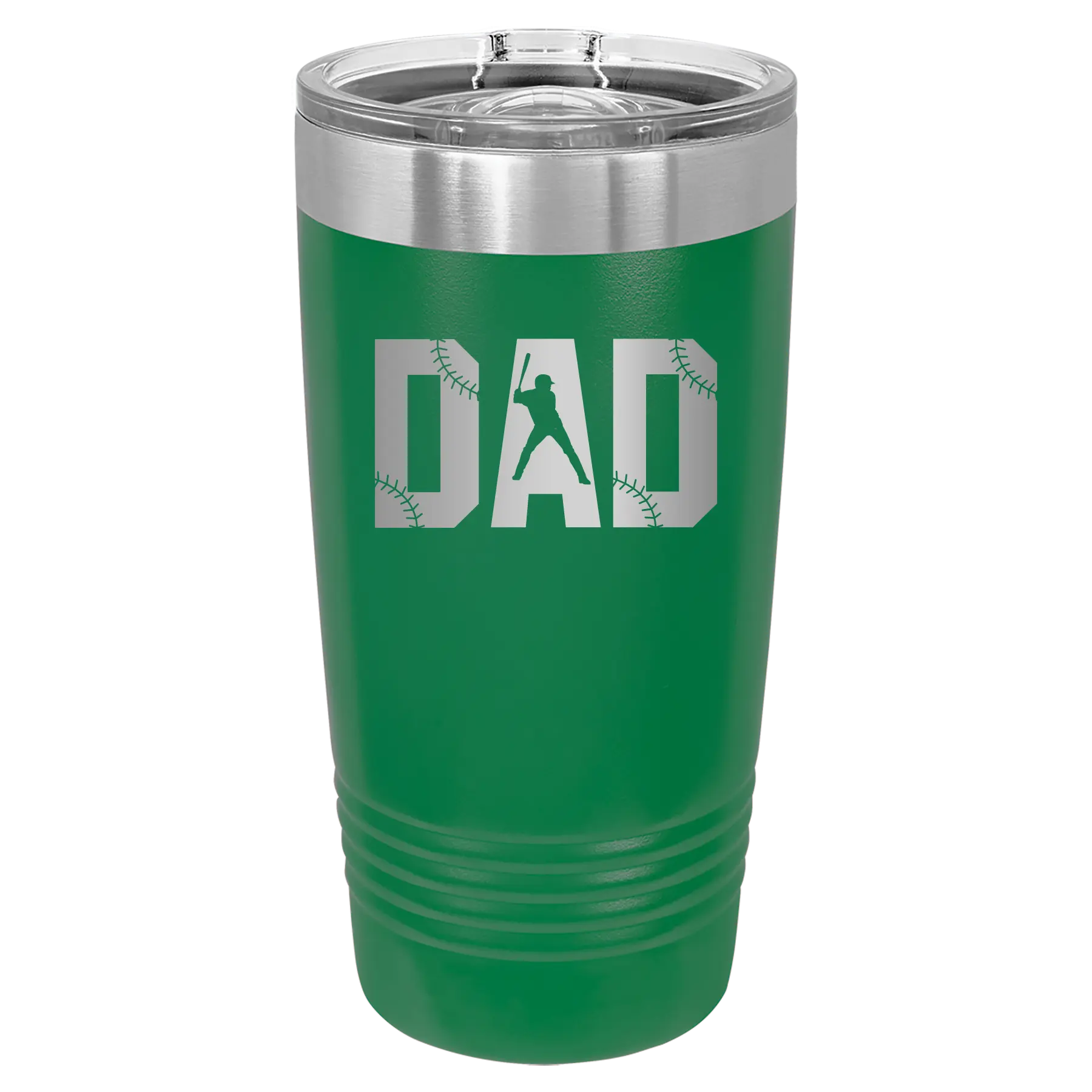 Laser etched green 20 oz vacuum insulated tumbler with 'Baseball Dad' design