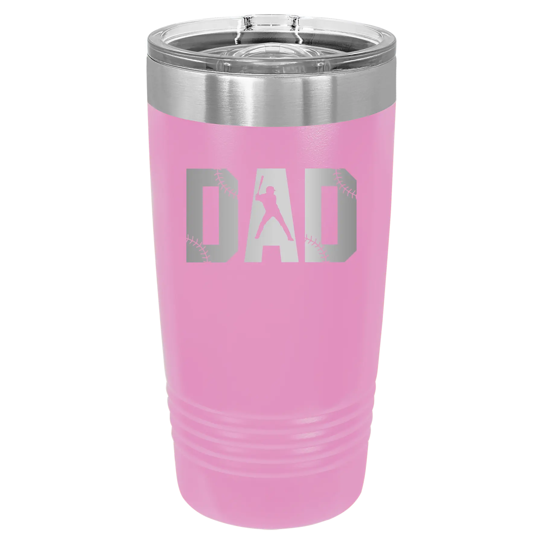 Laser etched light purple 20 oz vacuum insulated tumbler with 'Baseball Dad' design