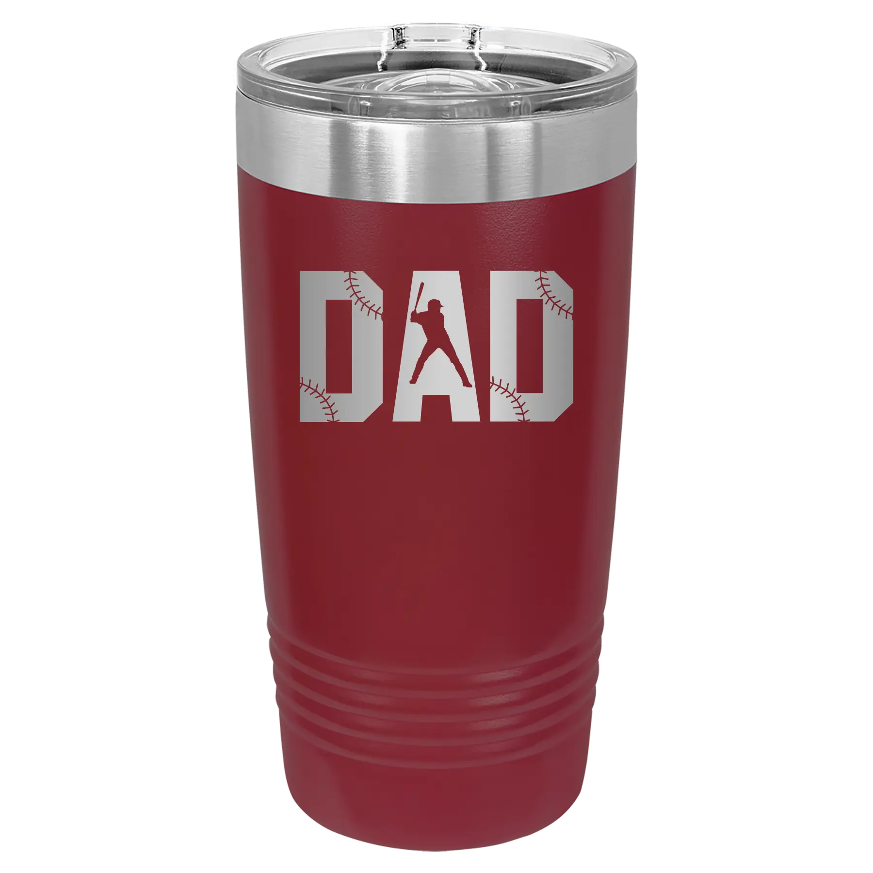 Laser etched maroon 20 oz vacuum insulated tumbler with 'Baseball Dad' design