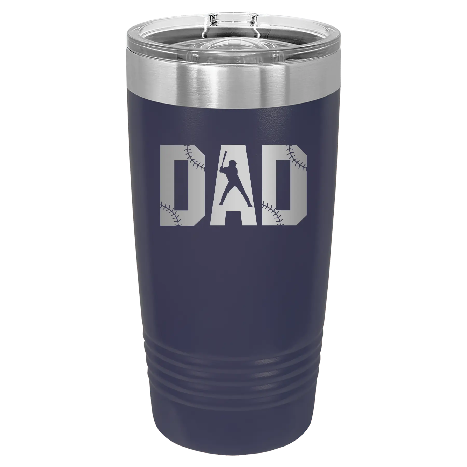 Laser etched navy 20 oz vacuum insulated tumbler with 'Baseball Dad' design