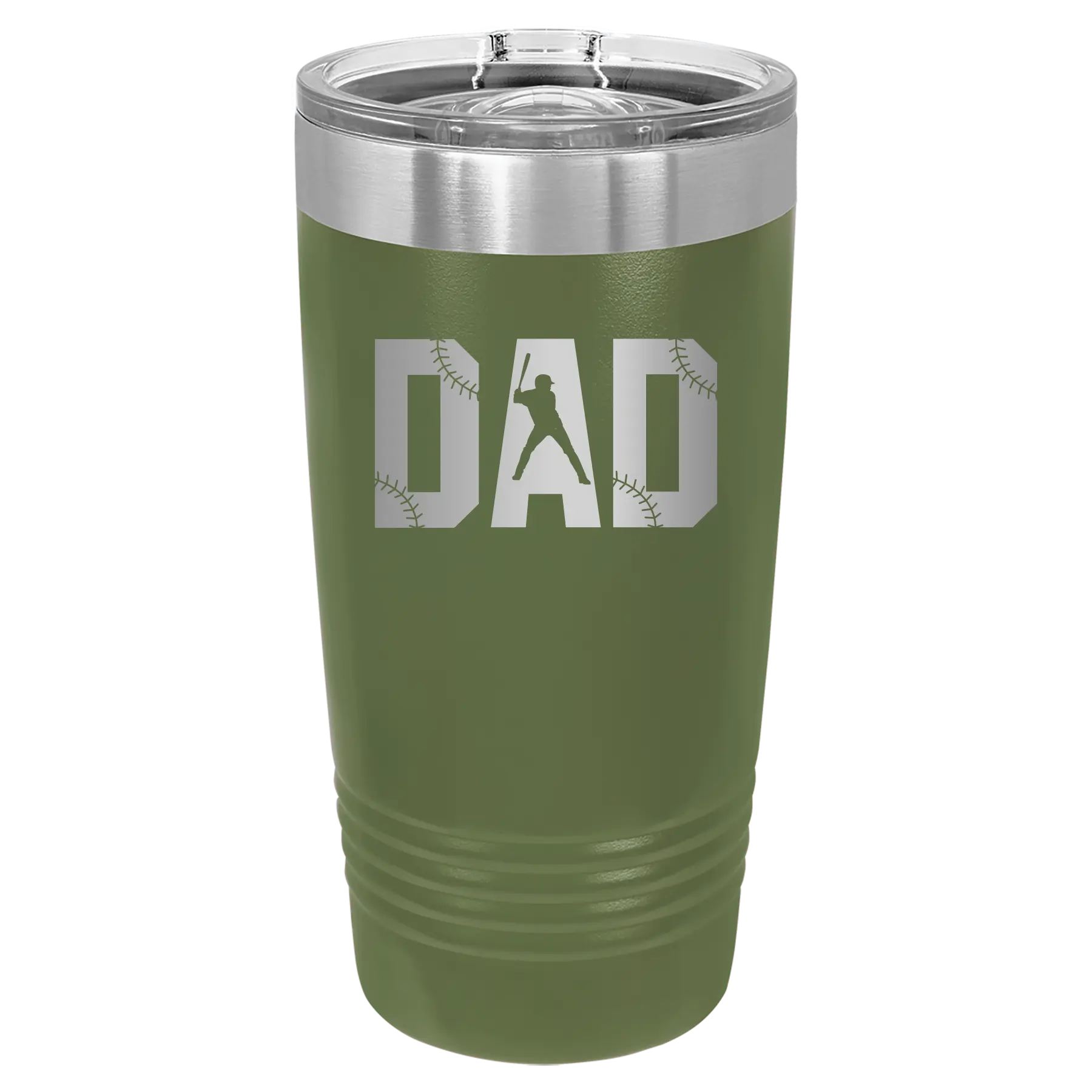 Laser etched olive green 20 oz vacuum insulated tumbler with 'Baseball Dad' design
