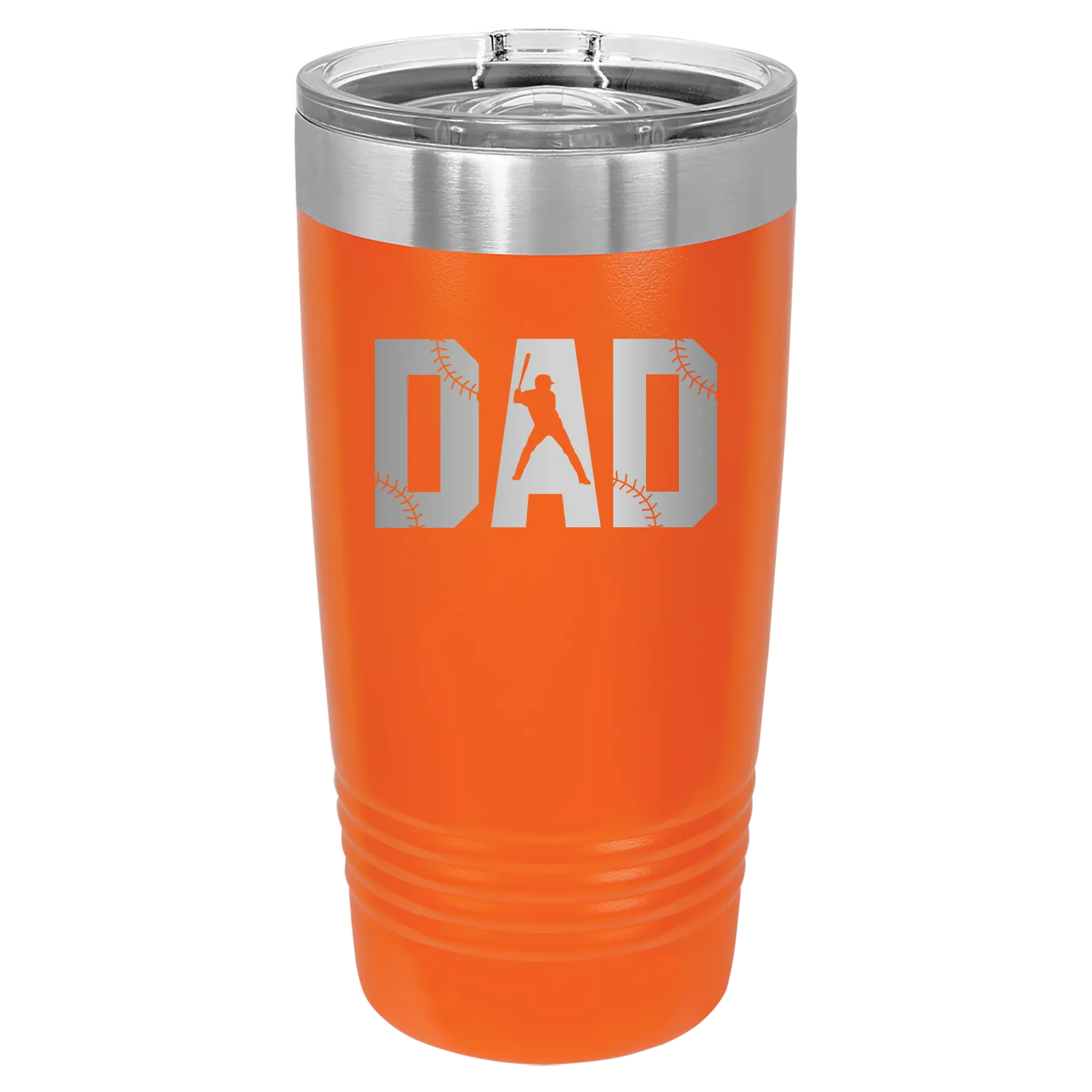 Laser etched orange 20 oz vacuum insulated tumbler with 'Baseball Dad' design