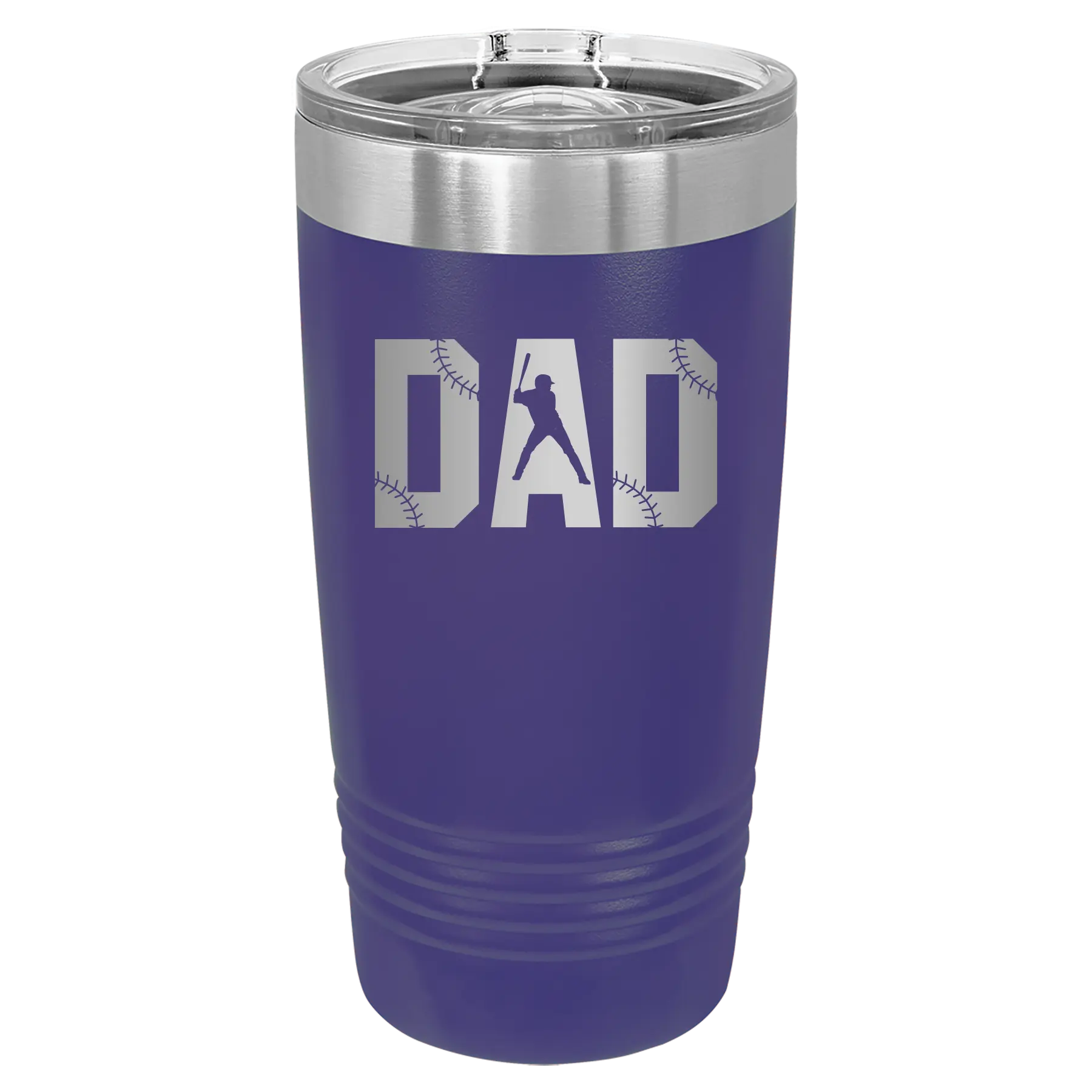 Laser etched purple 20 oz vacuum insulated tumbler with 'Baseball Dad' design