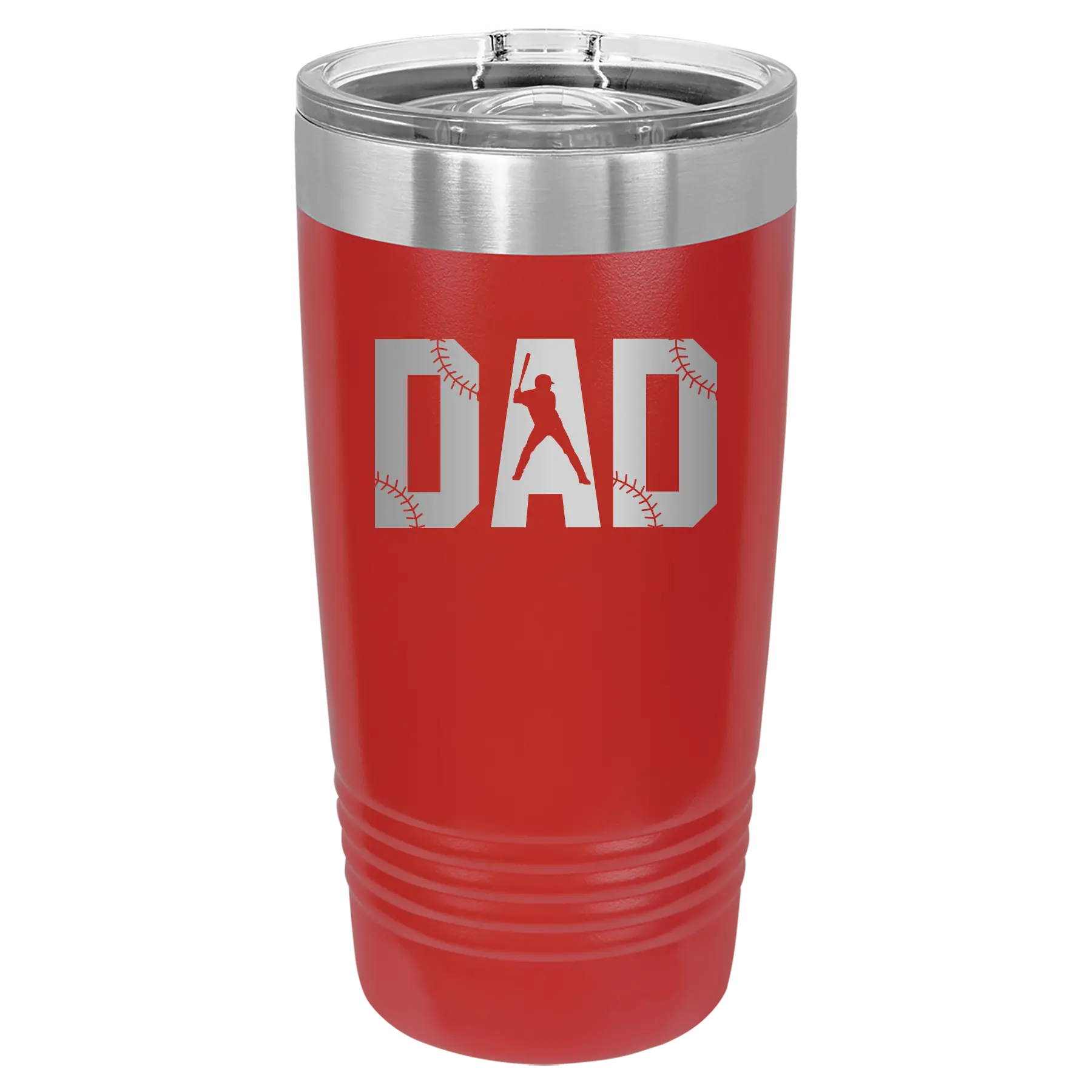 Laser etched red 20 oz vacuum insulated tumbler with 'Baseball Dad' design