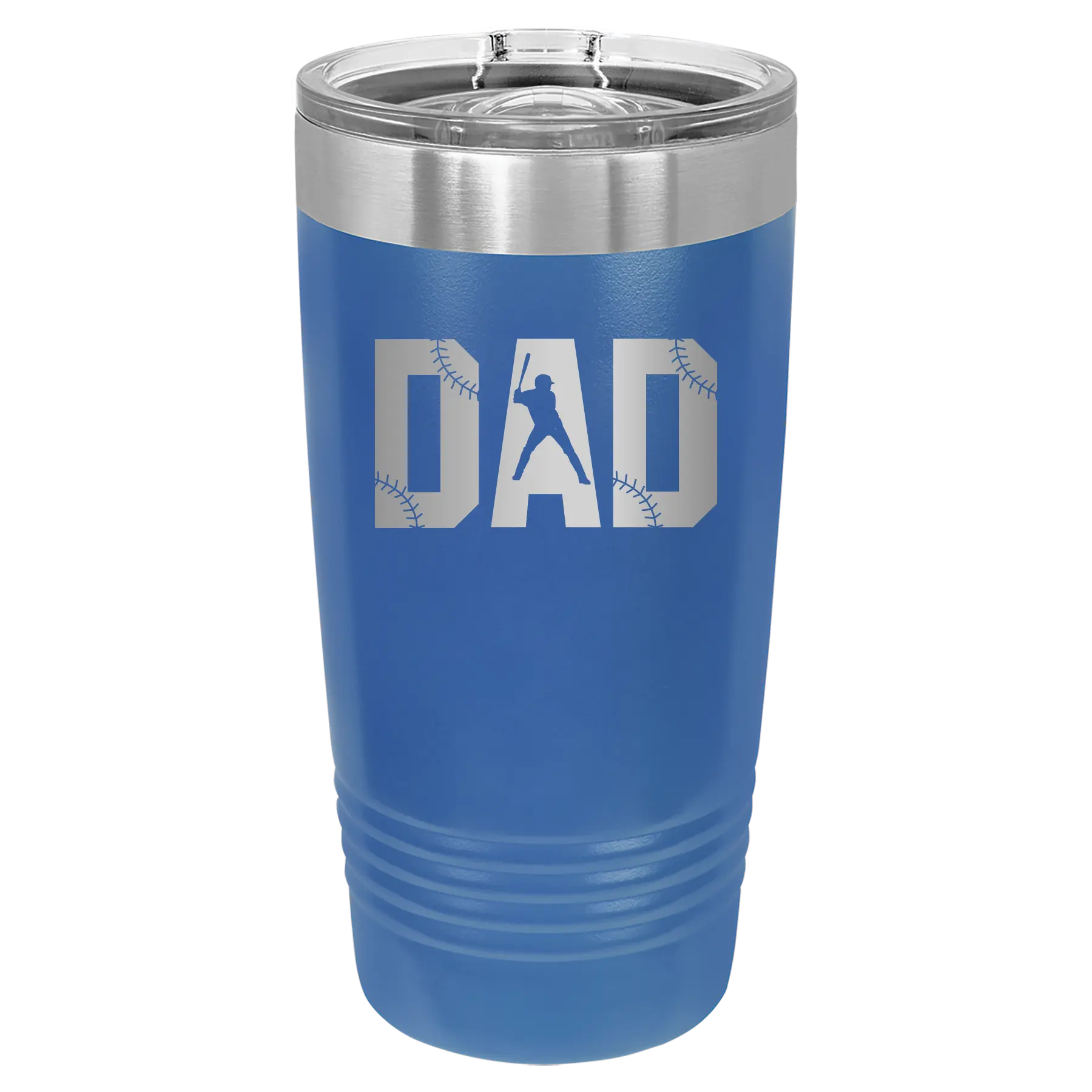 Laser etched royal blue 20 oz vacuum insulated tumbler with 'Baseball Dad' design