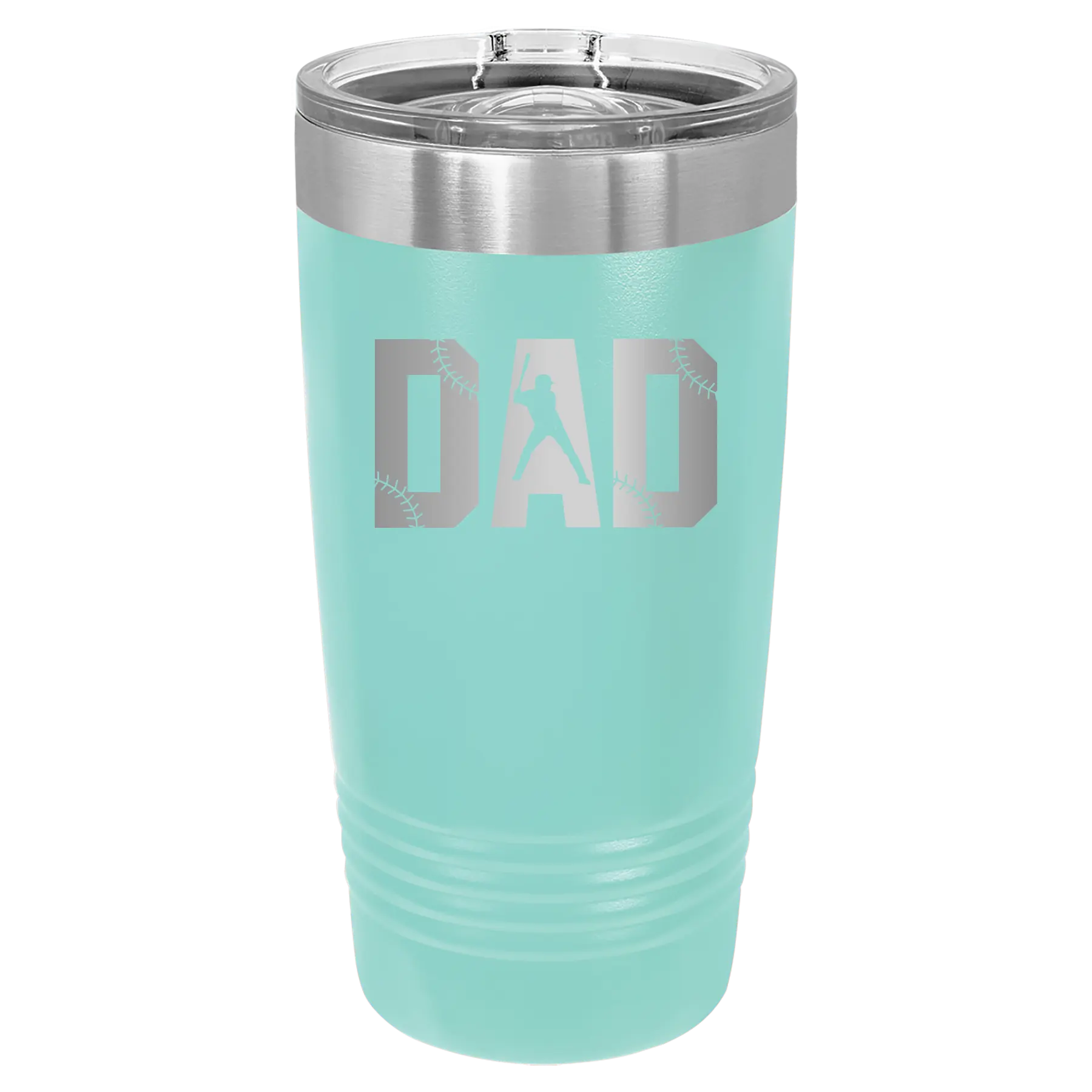 Laser etched teal 20 oz vacuum insulated tumbler with 'Baseball Dad' design