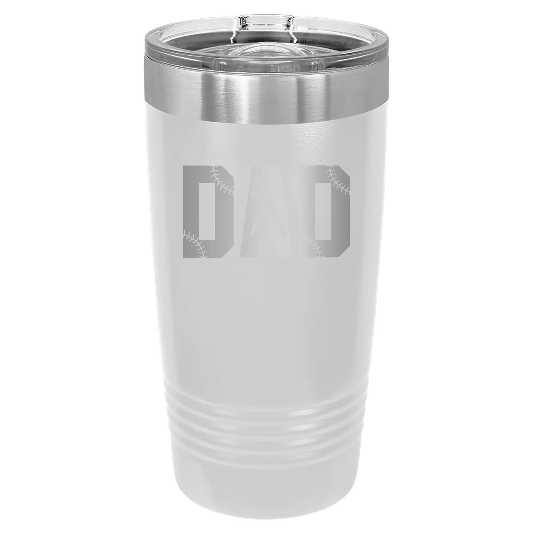 Laser etched white 20 oz vacuum insulated tumbler with 'Baseball Dad' design