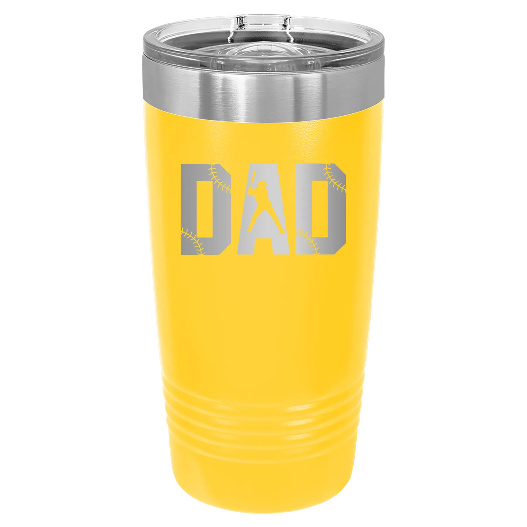 Laser etched yellow 20 oz vacuum insulated tumbler with 'Baseball Dad' design