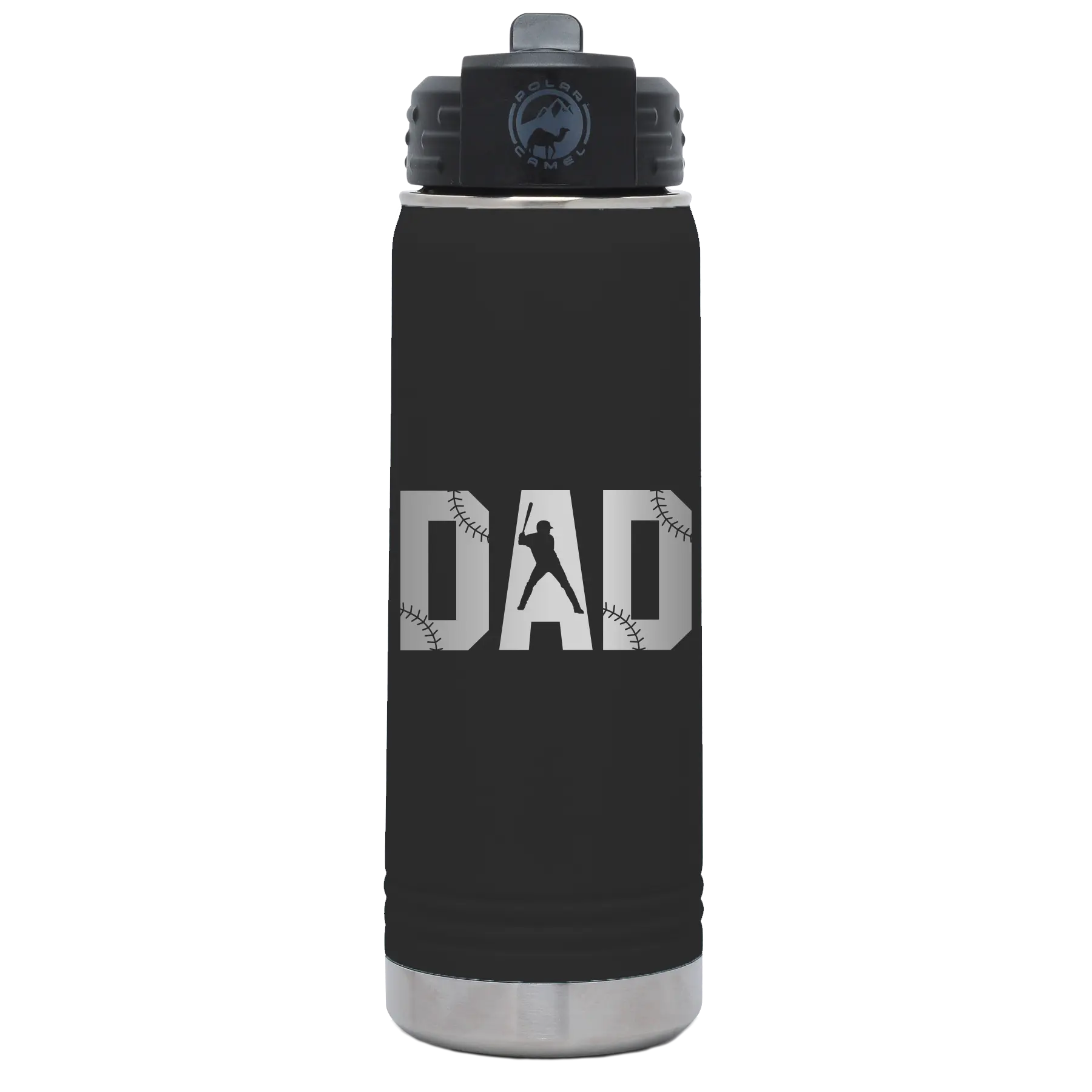 Laser etched black 20 oz vacuum insulated water bottle with 'Baseball Dad' design