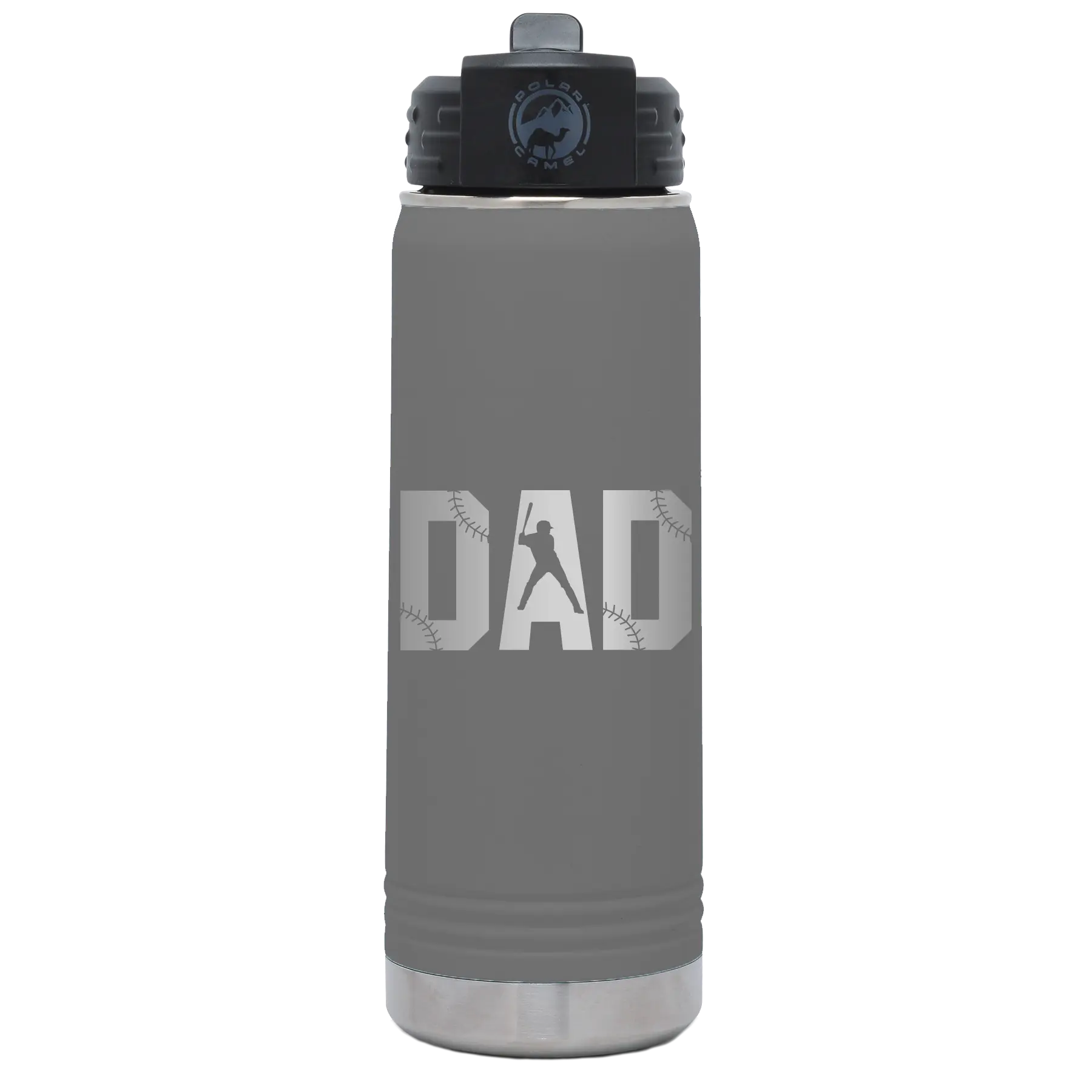 Laser etched dark gray 20 oz vacuum insulated water bottle with 'Baseball Dad' design