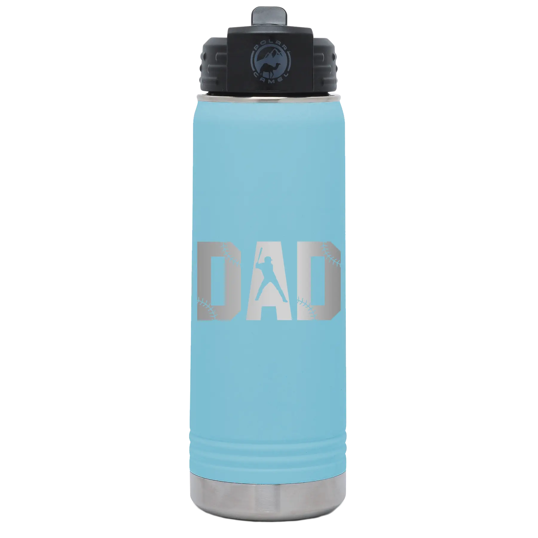 Laser etched light blue 20 oz vacuum insulated water bottle with 'Baseball Dad' design