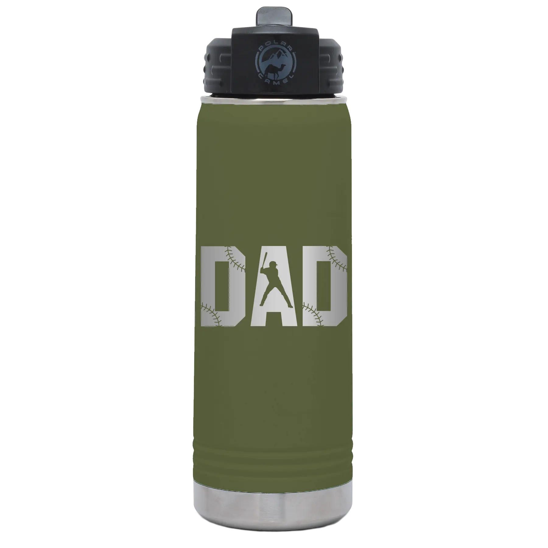 Laser etched olive green 20 oz vacuum insulated water bottle with 'Baseball Dad' design