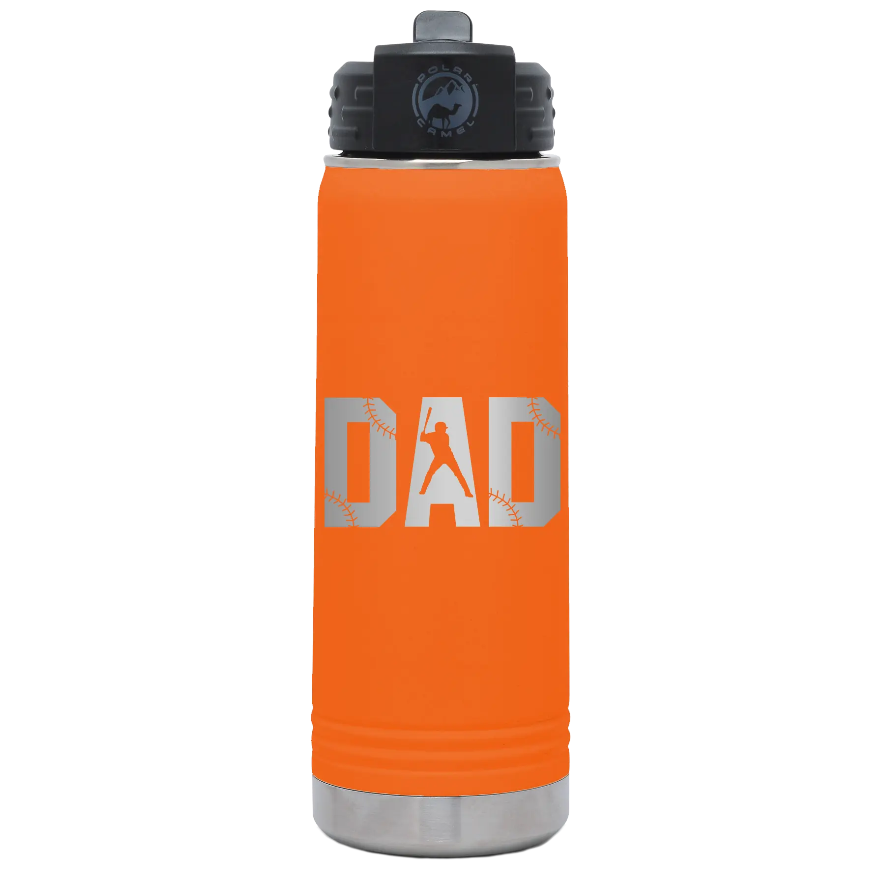 Laser etched orange 20 oz vacuum insulated water bottle with 'Baseball Dad' design