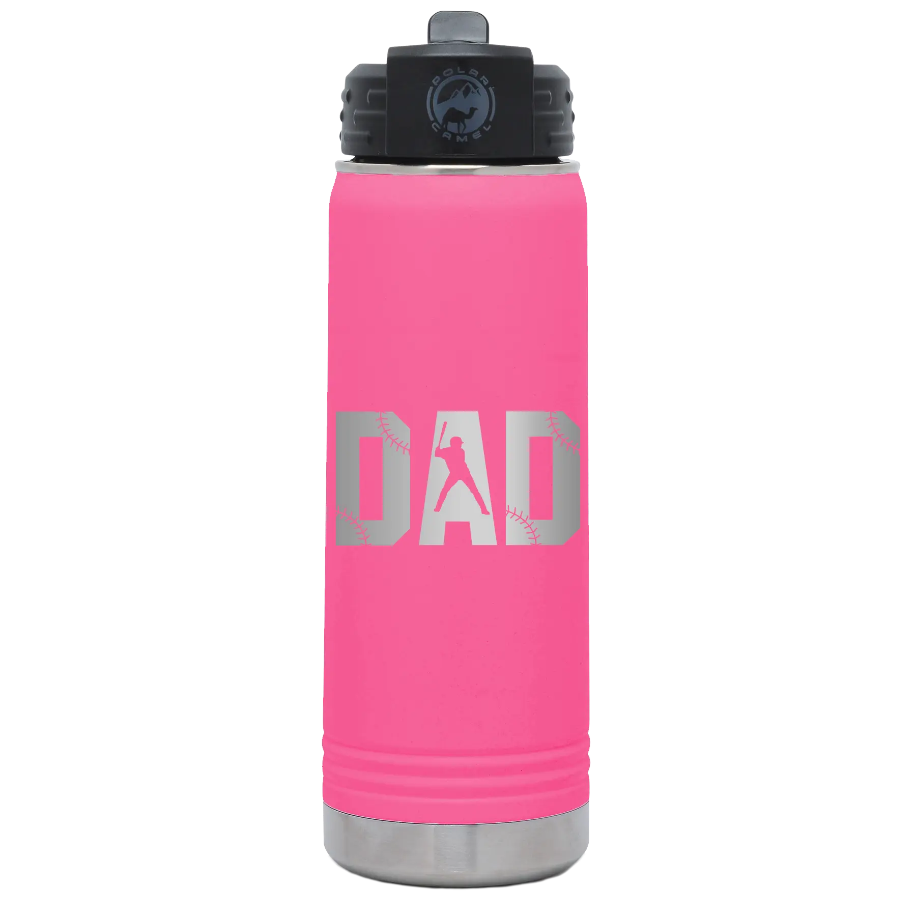 Laser etched pink 20 oz vacuum insulated water bottle with 'Baseball Dad' design
