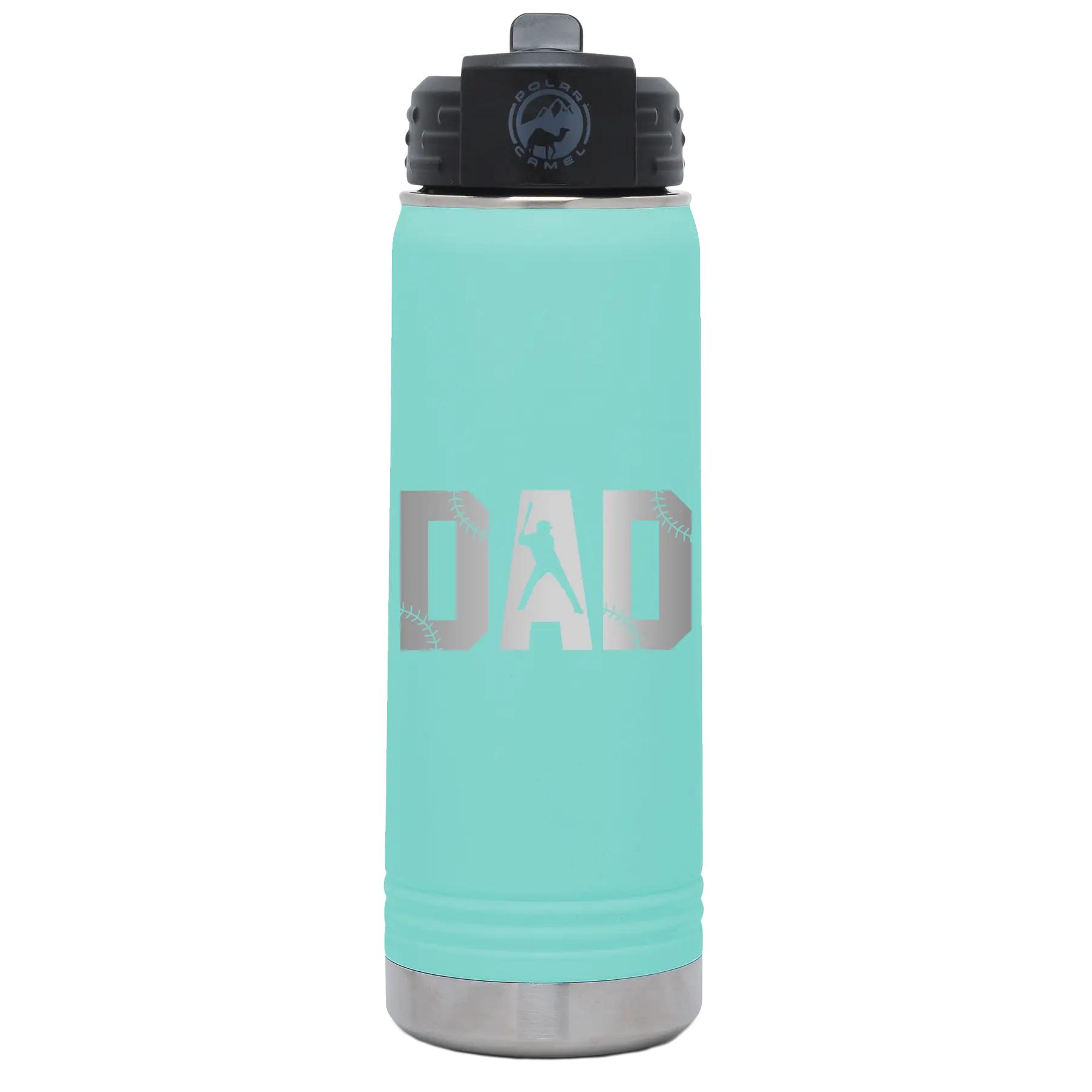 Laser etched teal 20 oz vacuum insulated water bottle with 'Baseball Dad' design