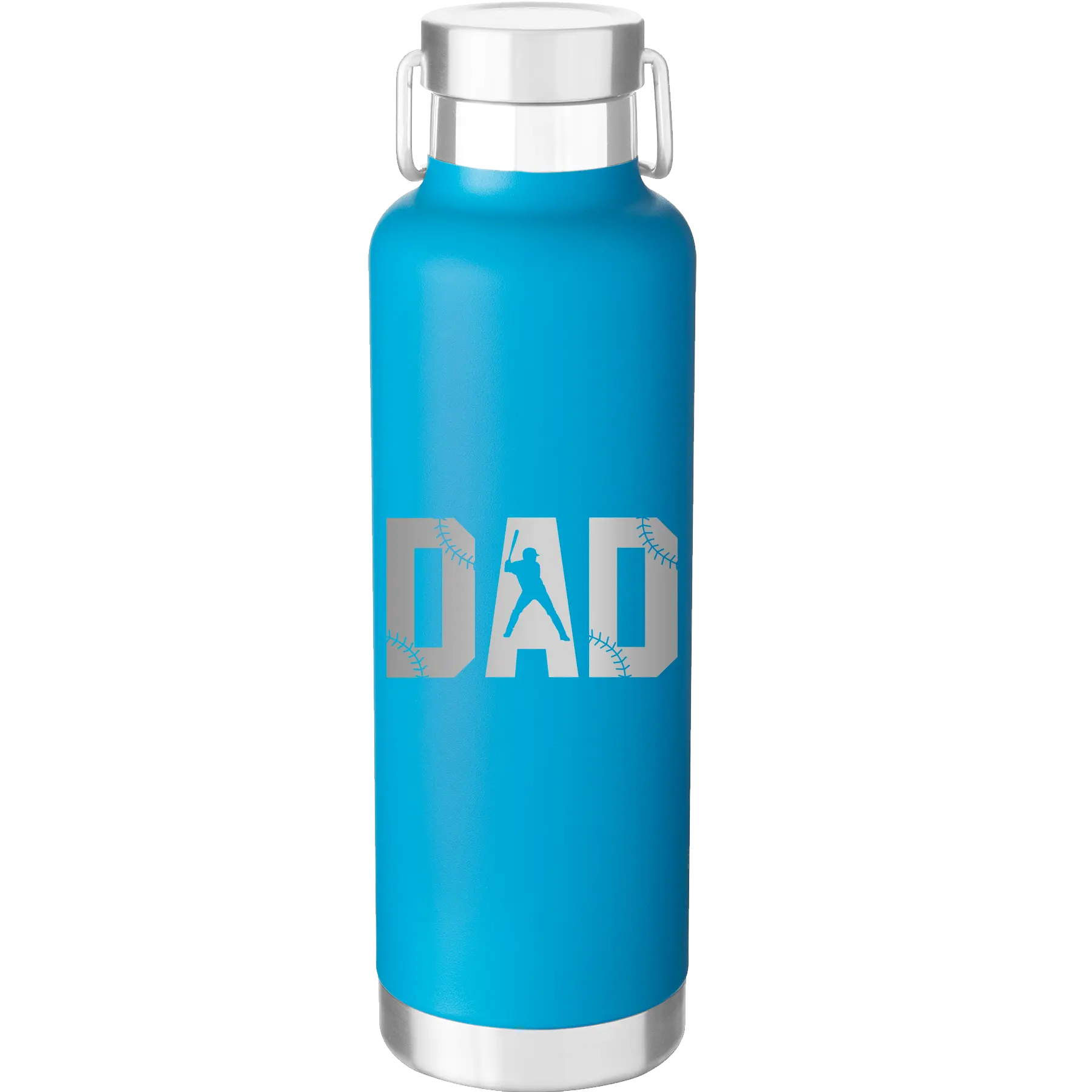 Laser etched aqua 24 oz vacuum insulated water bottle with 'Baseball Dad' design