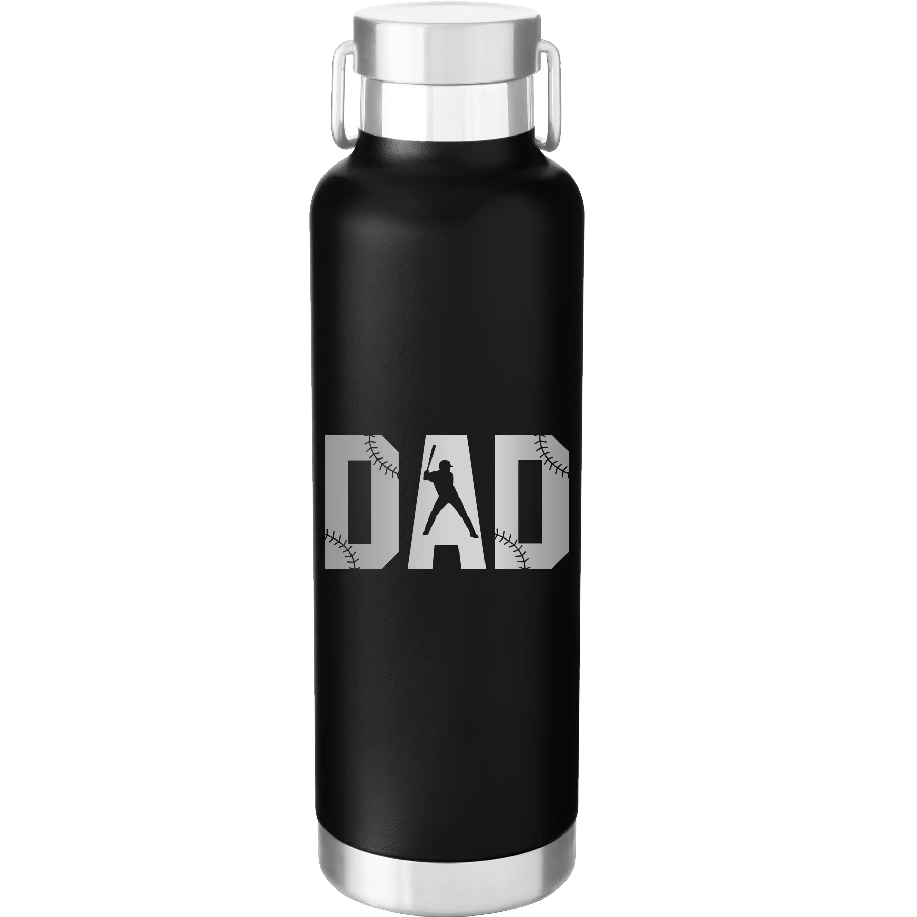 Laser etched black 24 oz vacuum insulated water bottle with 'Baseball Dad' design
