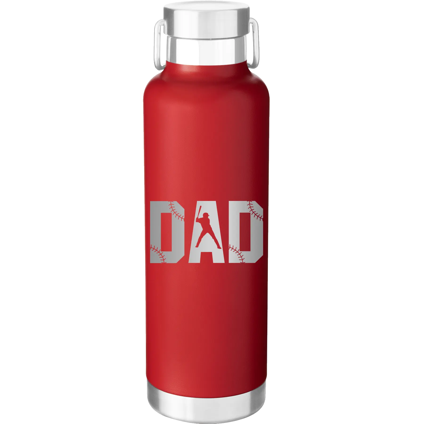 Laser etched red 24 oz vacuum insulated water bottle with 'Baseball Dad' design