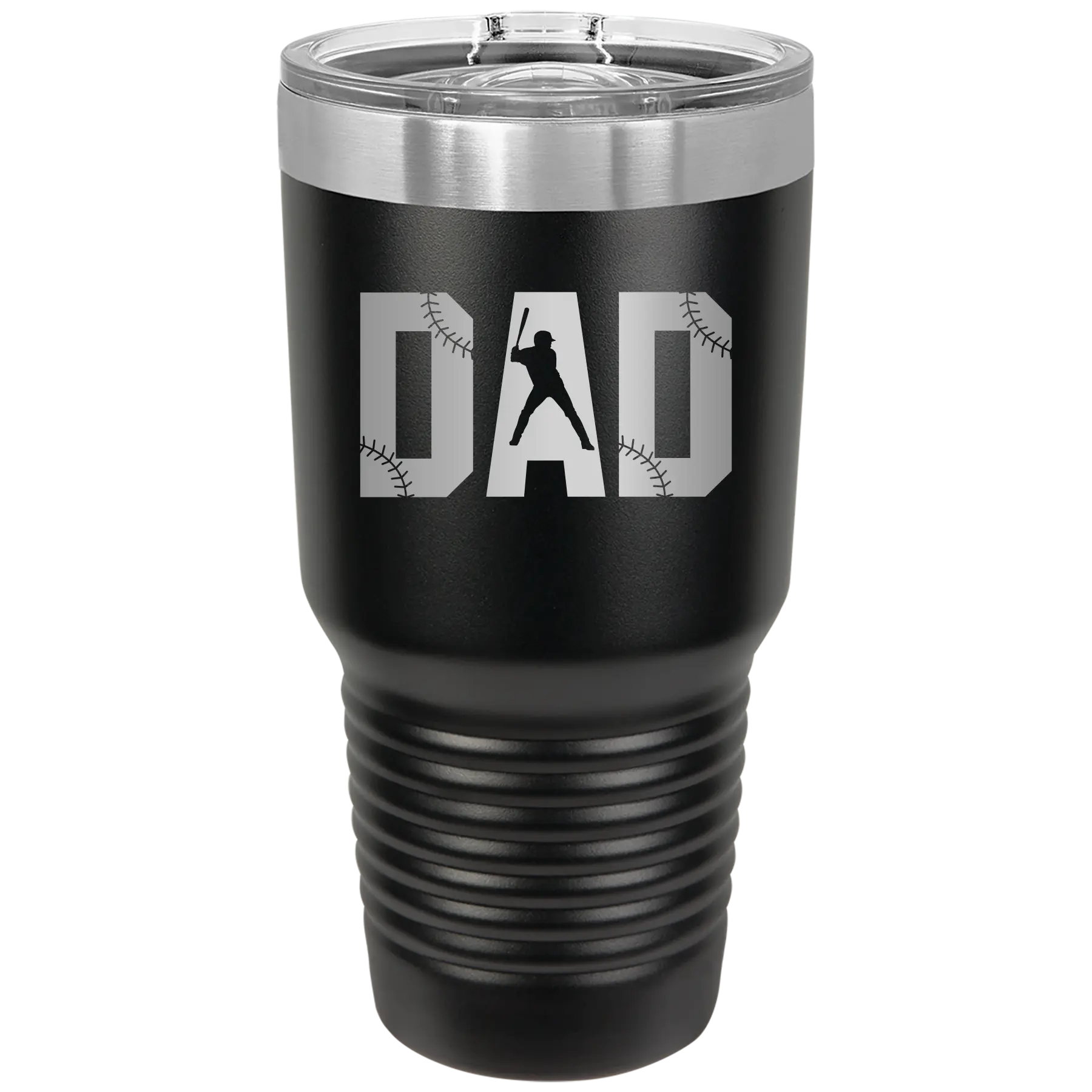 Laser etched black 30 oz vacuum insulated tumbler with 'Baseball Dad' design