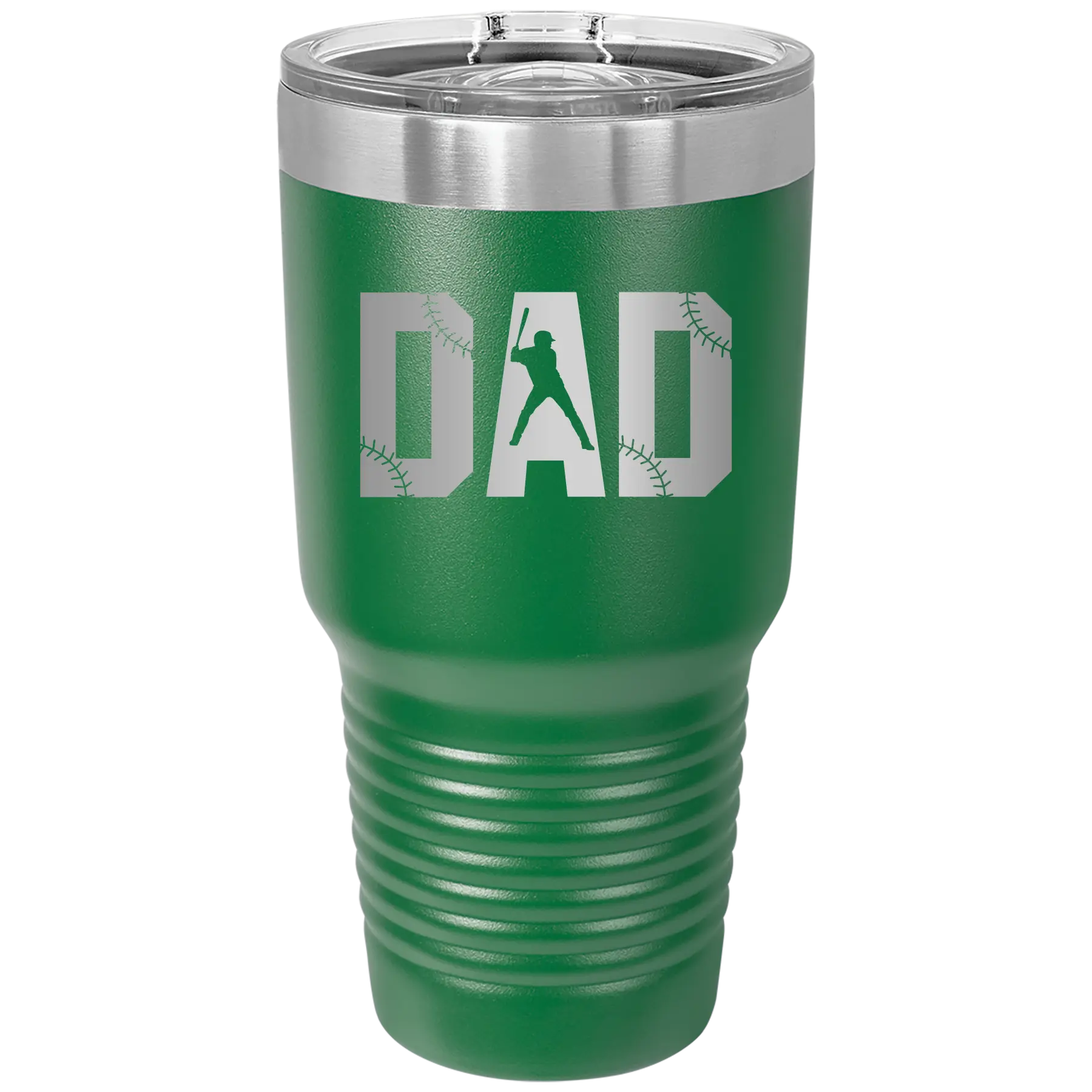Laser etched green 30 oz vacuum insulated tumbler with 'Baseball Dad' design