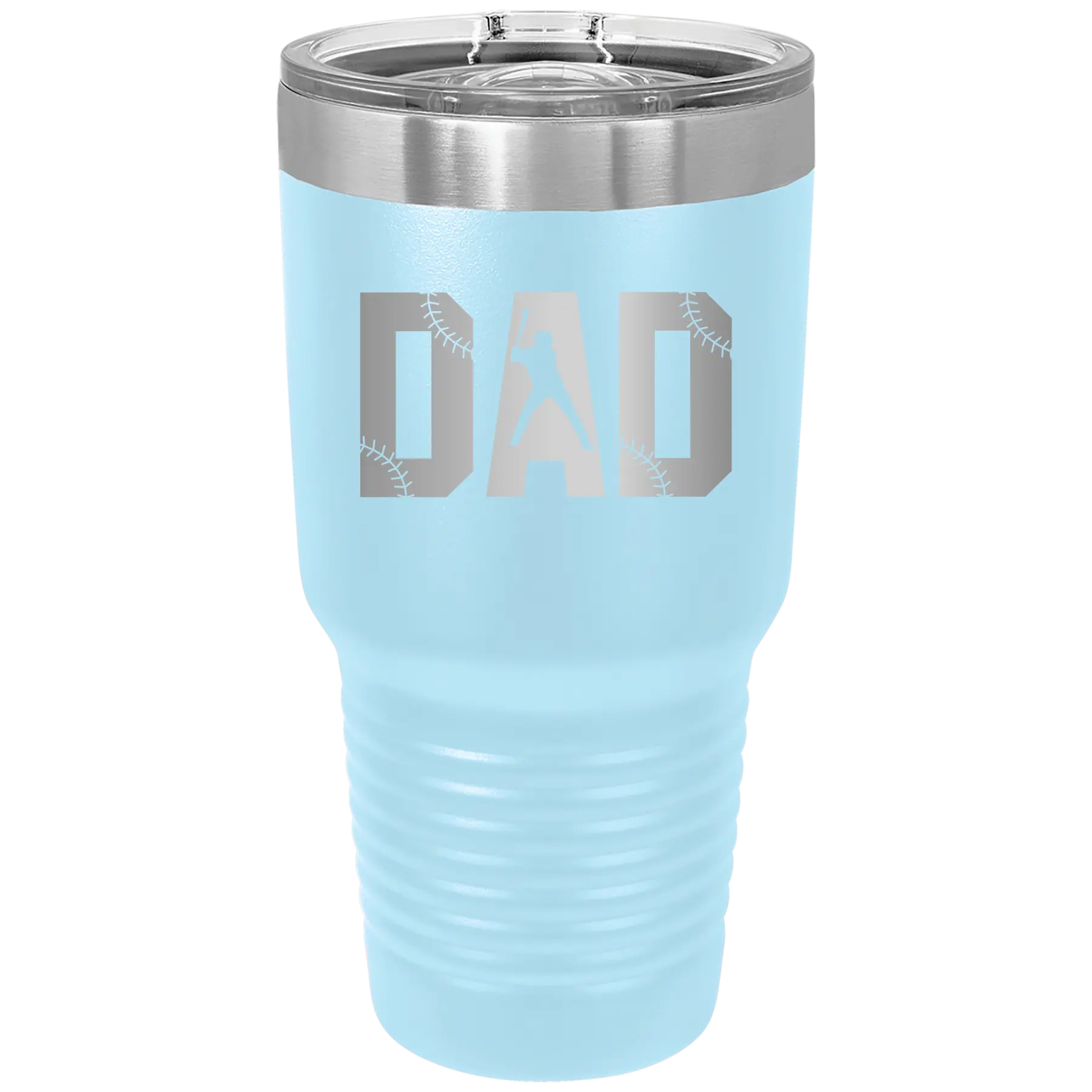 Laser etched light blue 30 oz vacuum insulated tumbler with 'Baseball Dad' design