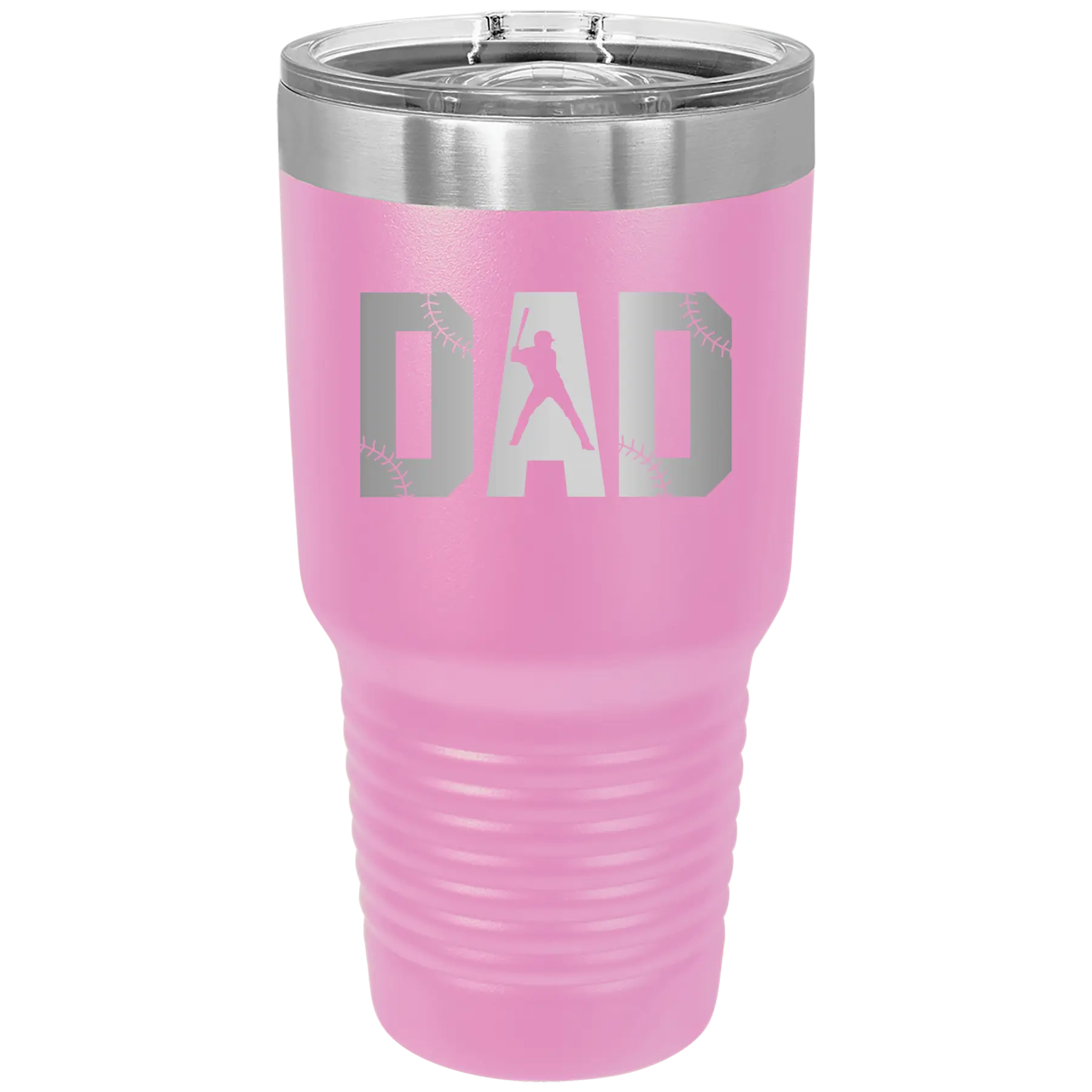 Laser etched light purple 30 oz vacuum insulated tumbler with 'Baseball Dad' design