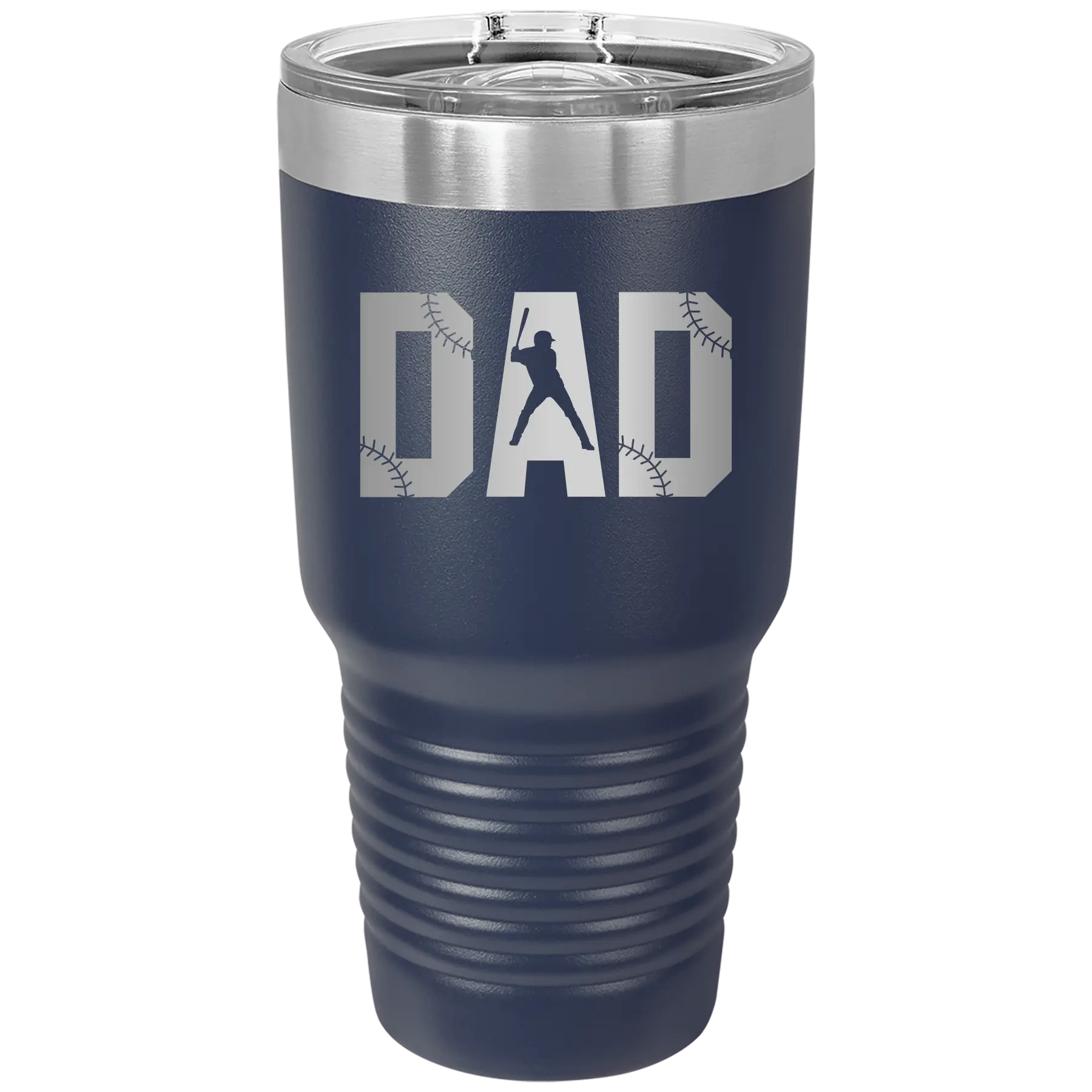 Laser etched navy 30 oz vacuum insulated tumbler with 'Baseball Dad' design