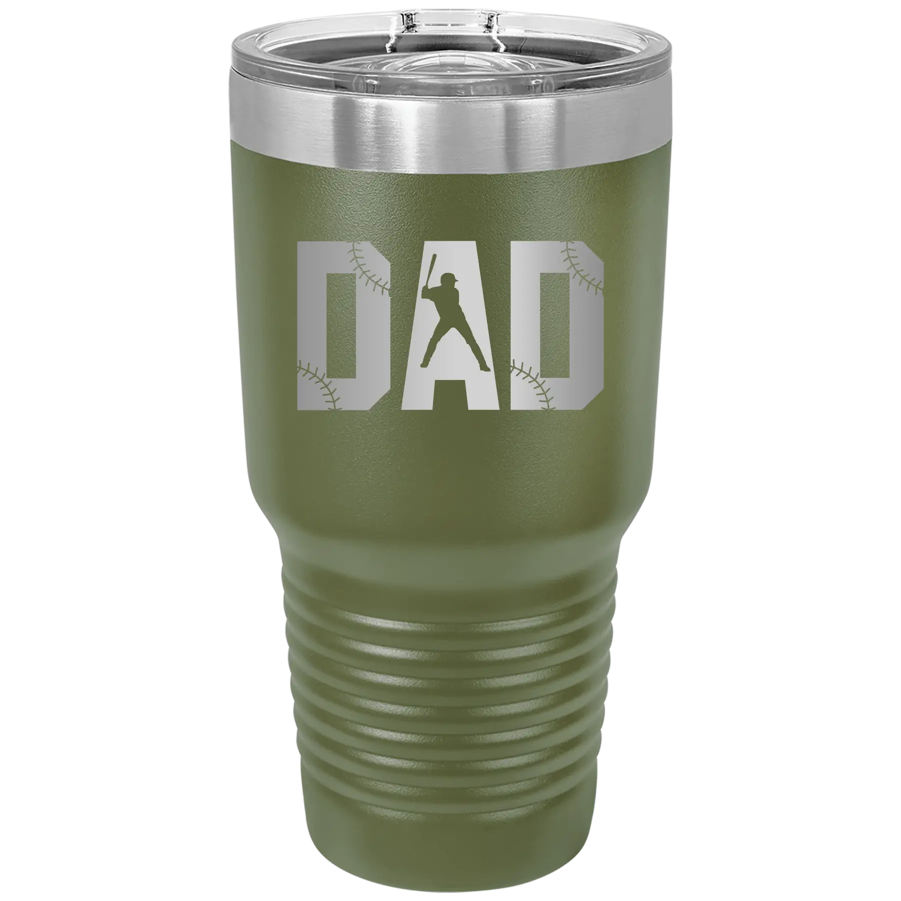 Laser etched olive green 30 oz vacuum insulated tumbler with 'Baseball Dad' design