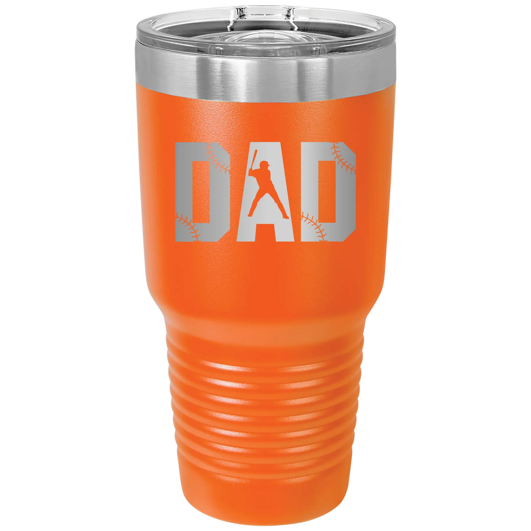 Laser etched orange 30 oz vacuum insulated tumbler with 'Baseball Dad' design