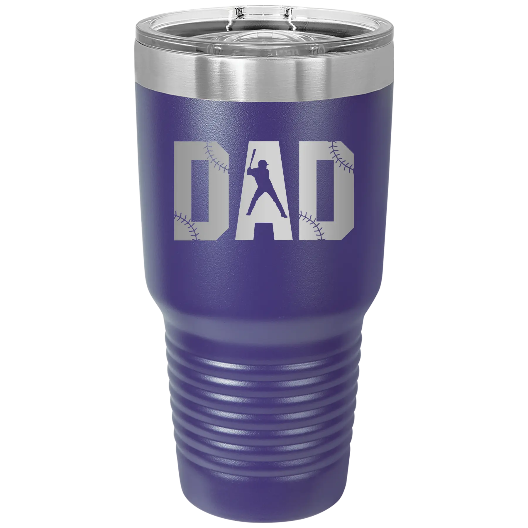Laser etched purple 30 oz vacuum insulated tumbler with 'Baseball Dad' design
