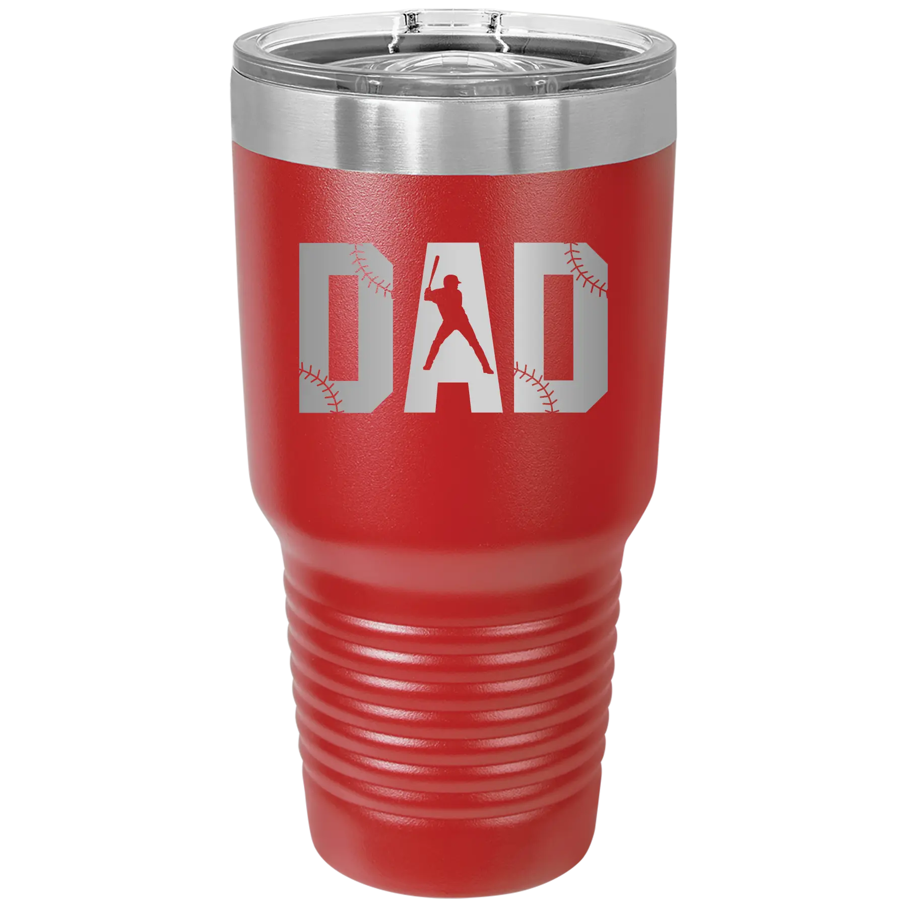Laser etched red 30 oz vacuum insulated tumbler with 'Baseball Dad' design