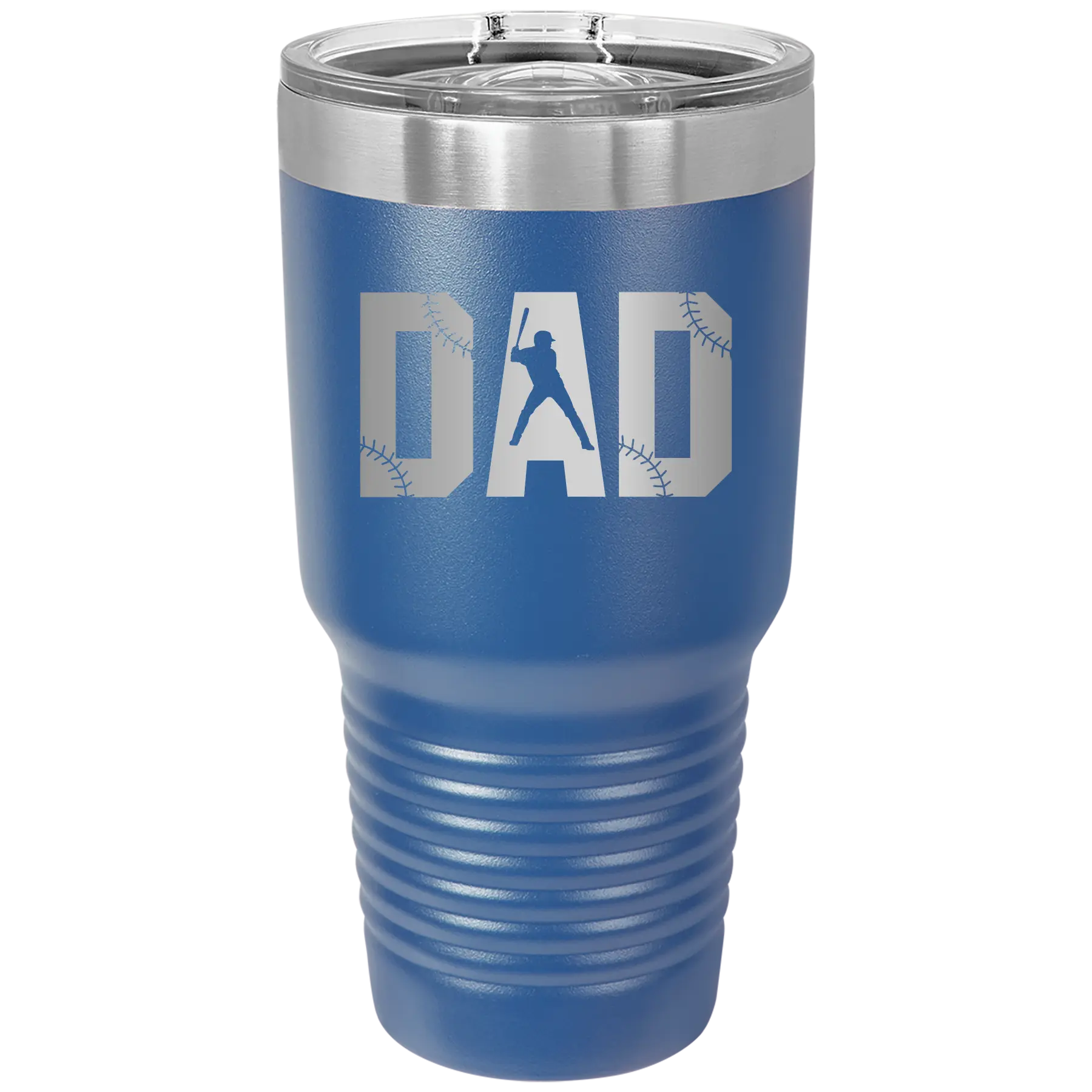 Laser etched royal blue 30 oz vacuum insulated tumbler with 'Baseball Dad' design