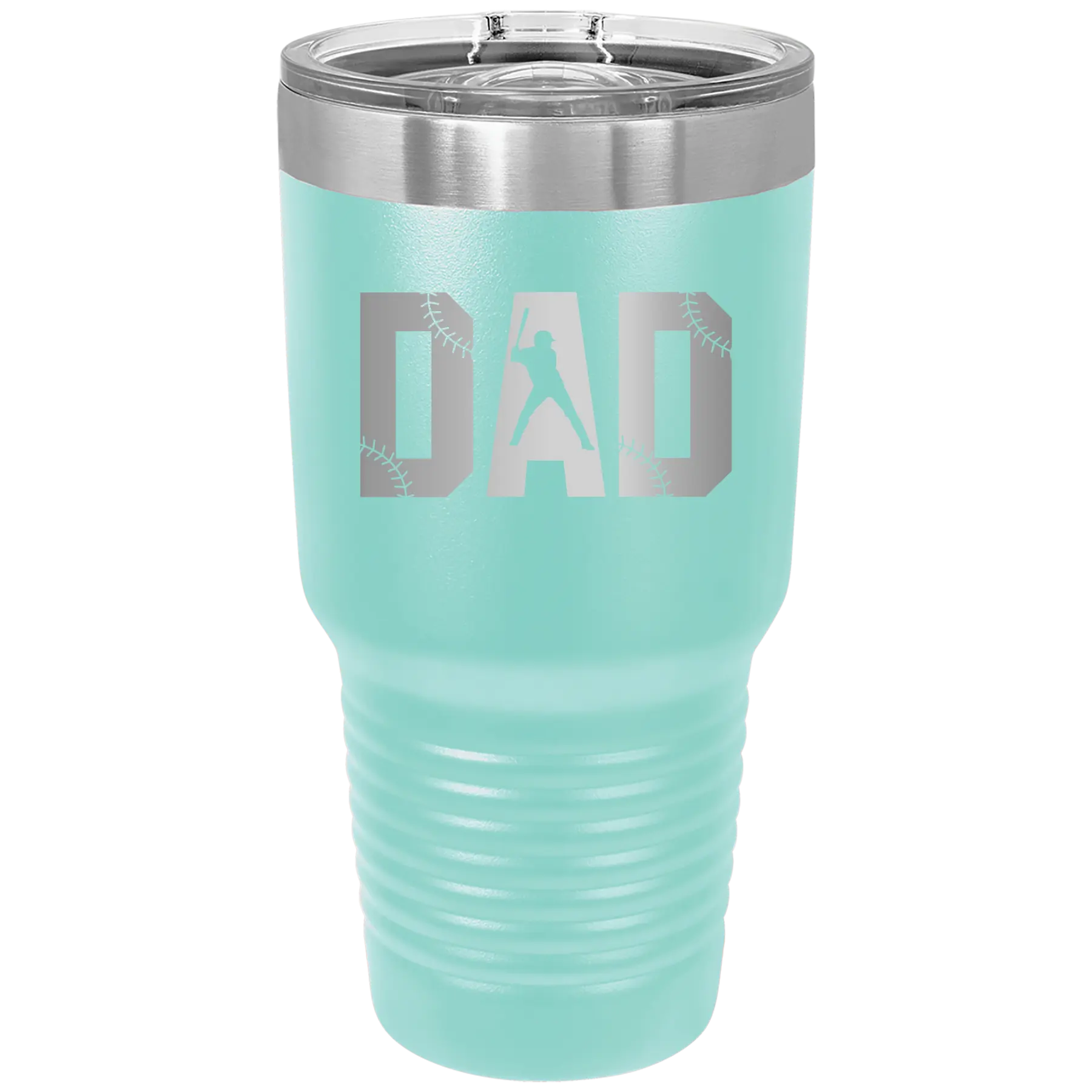 Laser etched teal 30 oz vacuum insulated tumbler with 'Baseball Dad' design