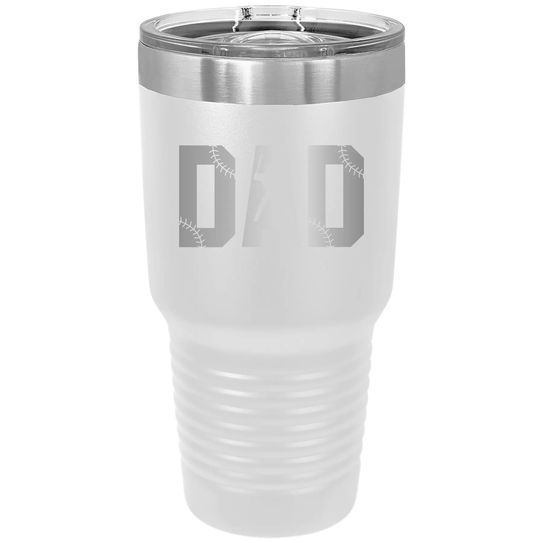 Laser etched white 30 oz vacuum insulated tumbler with 'Baseball Dad' design