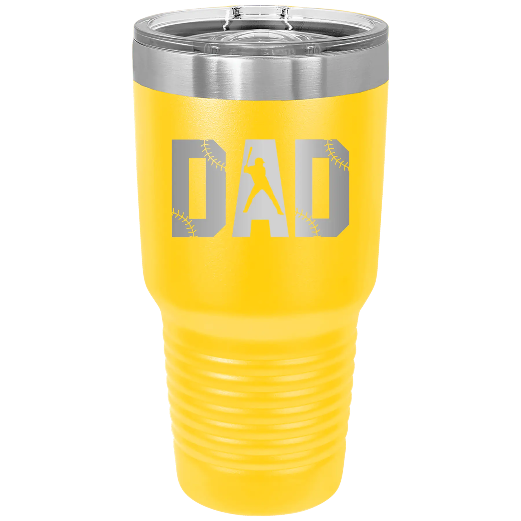 Laser etched yellow 30 oz vacuum insulated tumbler with 'Baseball Dad' design