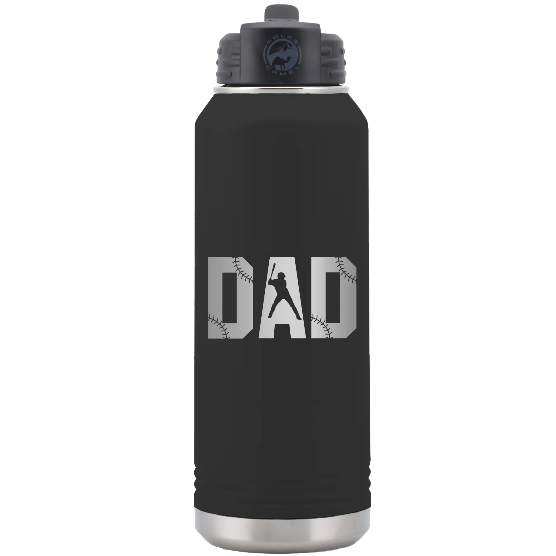 Laser etched black 32 oz vacuum insulated water bottle with 'Baseball Dad' design