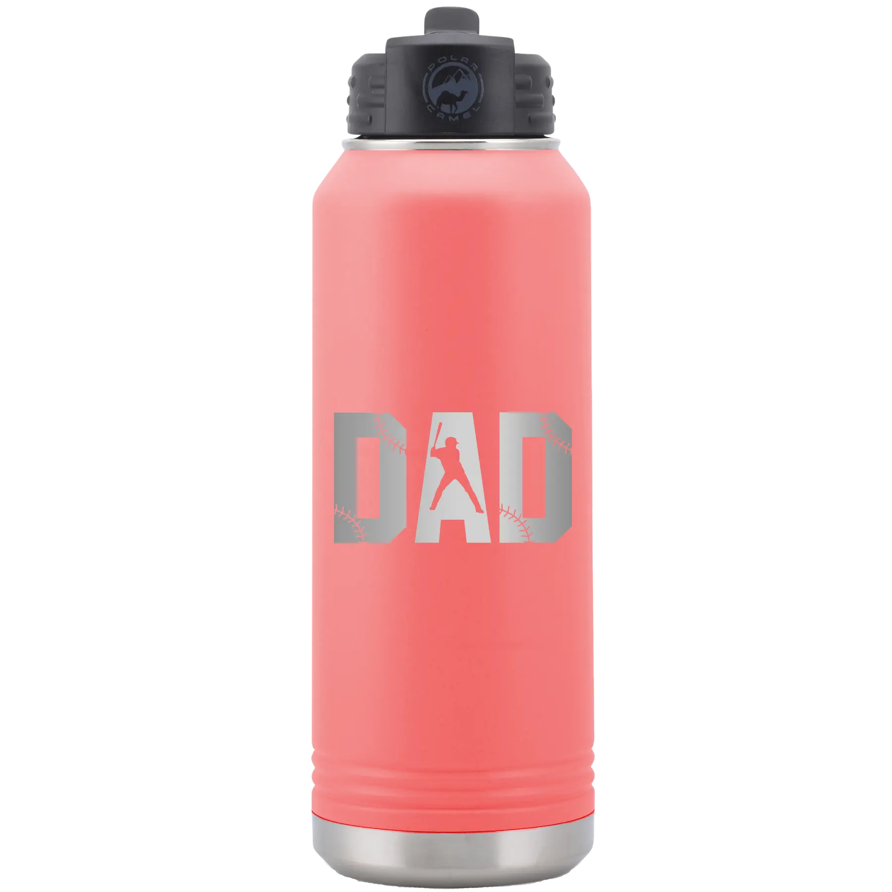 Laser etched coral 32 oz vacuum insulated water bottle with 'Baseball Dad' design