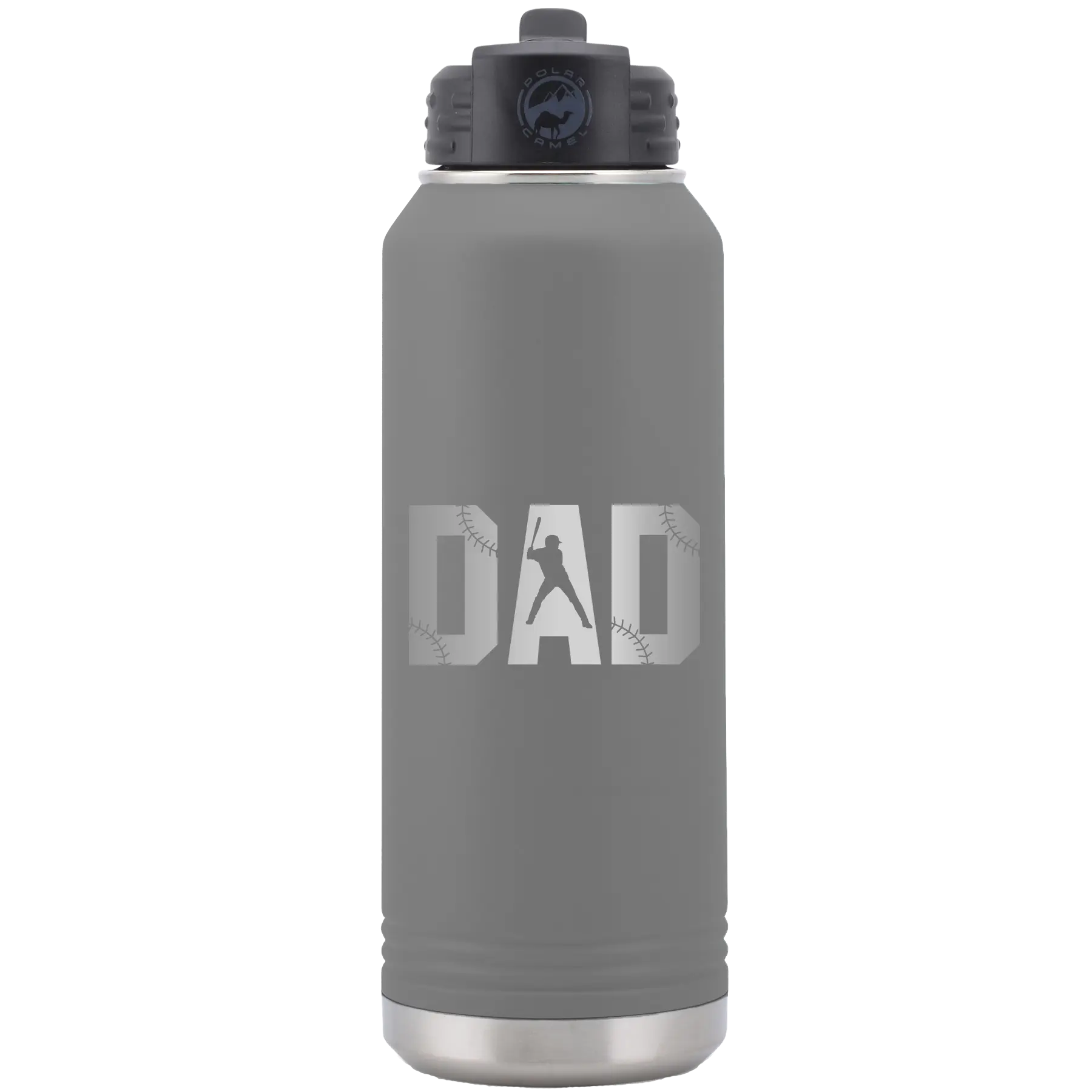 Laser etched dark gray 32 oz vacuum insulated water bottle with 'Baseball Dad' design