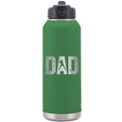 Laser etched green 32 oz vacuum insulated water bottle with 'Baseball Dad' design